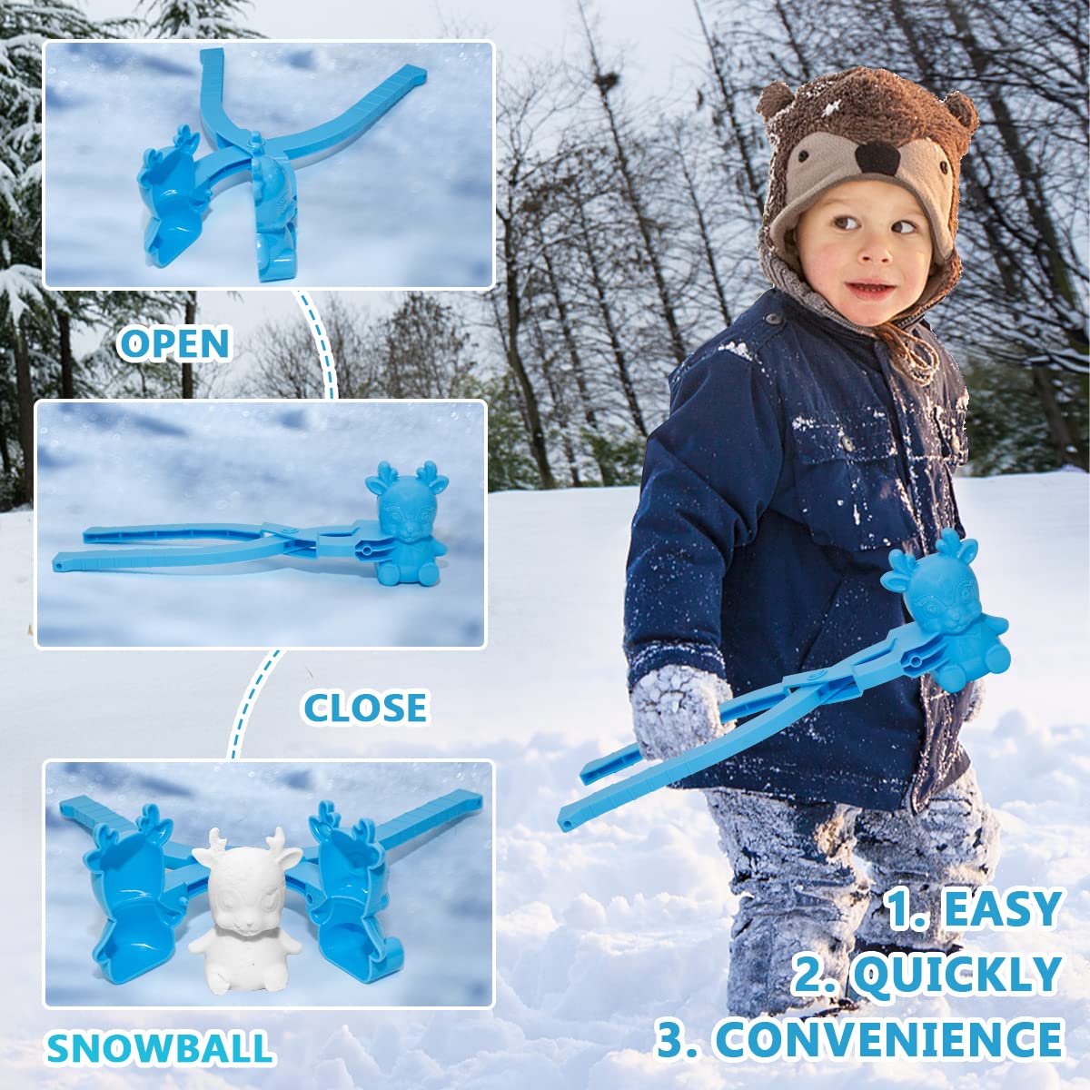 Holady 4PCS Large Snowball Maker Clips - Winter Snowball Maker Tools with Handles for Kids Outdoor Snowball Fights (Deer, Heart, Duck, Snowflake Shapes) - Perfect for Family Winter Fun & Snow Play Activities