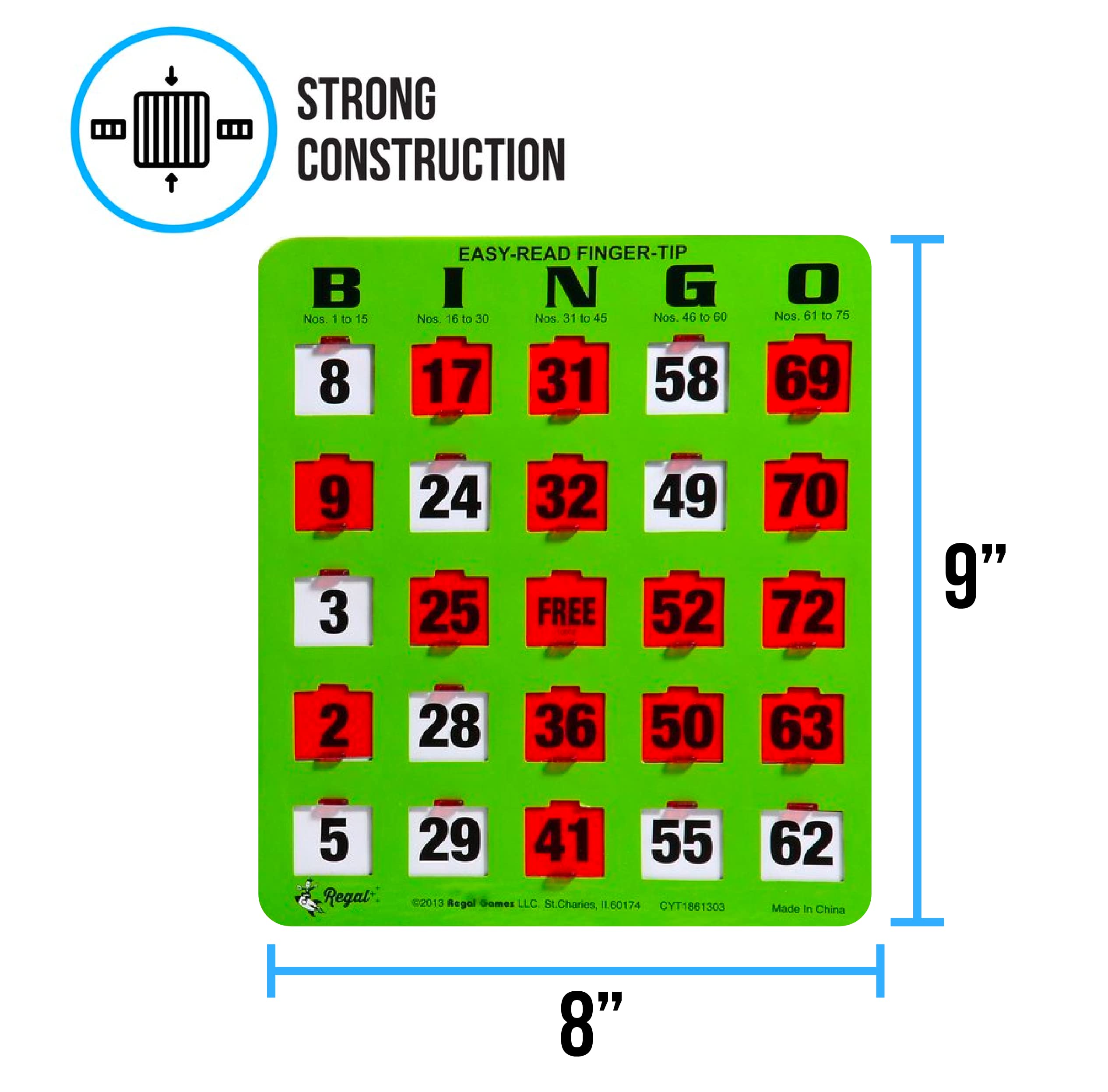 Regal Bingo - 8” x 9” Shutter Slide Bingo Cards - 5-Ply Green Cardstock - Easy to Read Numbers - No Duplicate Cards - Red Sliding Windows - Perfect for Large Groups & Bulk Purchasing - Ideal for Bingo Nights, Fundraisers, Classroom Activities & Senior Center Games
