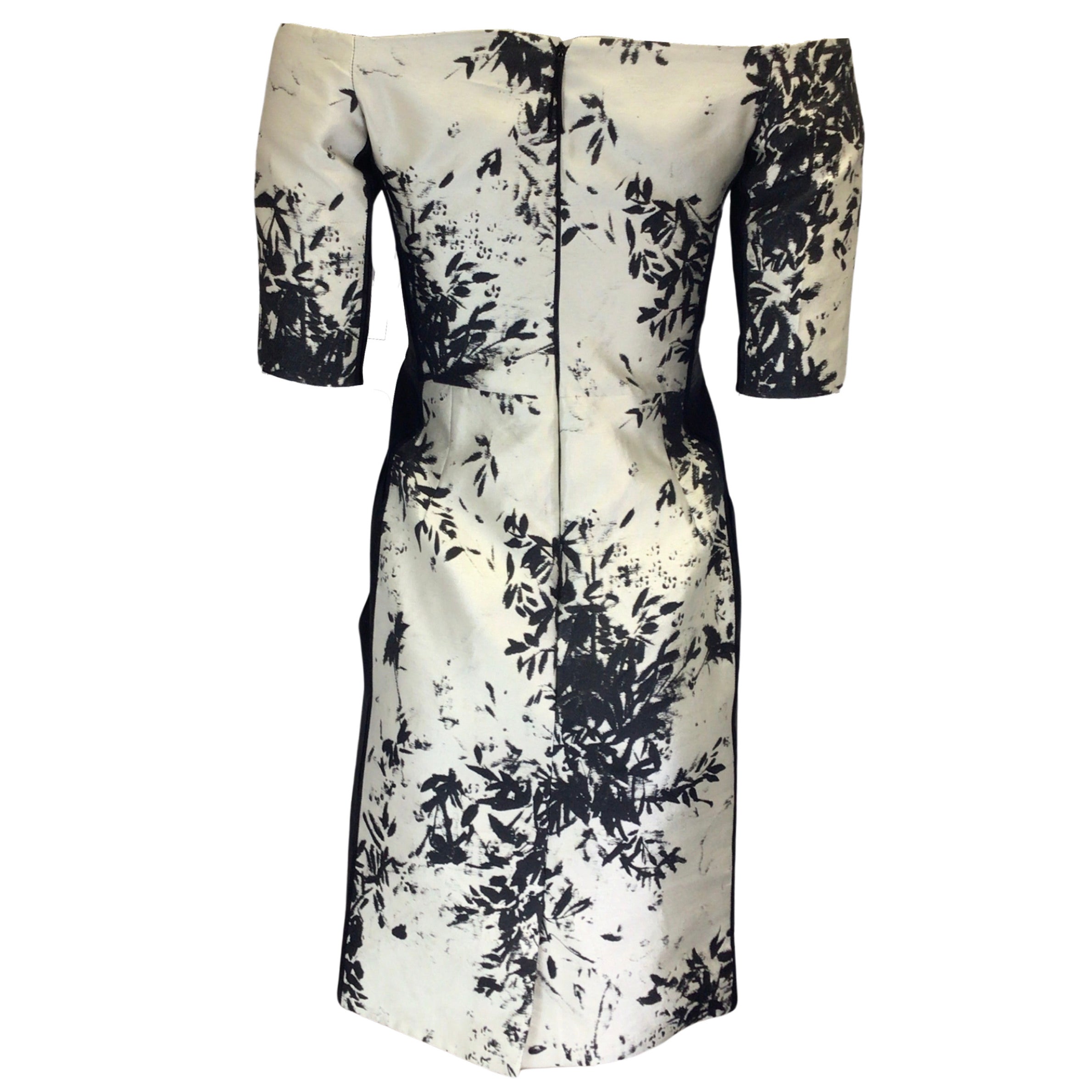 J. Mendel Champagne & Black Lambskin Leather Trim Off-Shoulder Jacquard Dress for Evening Gala & Special Occasions