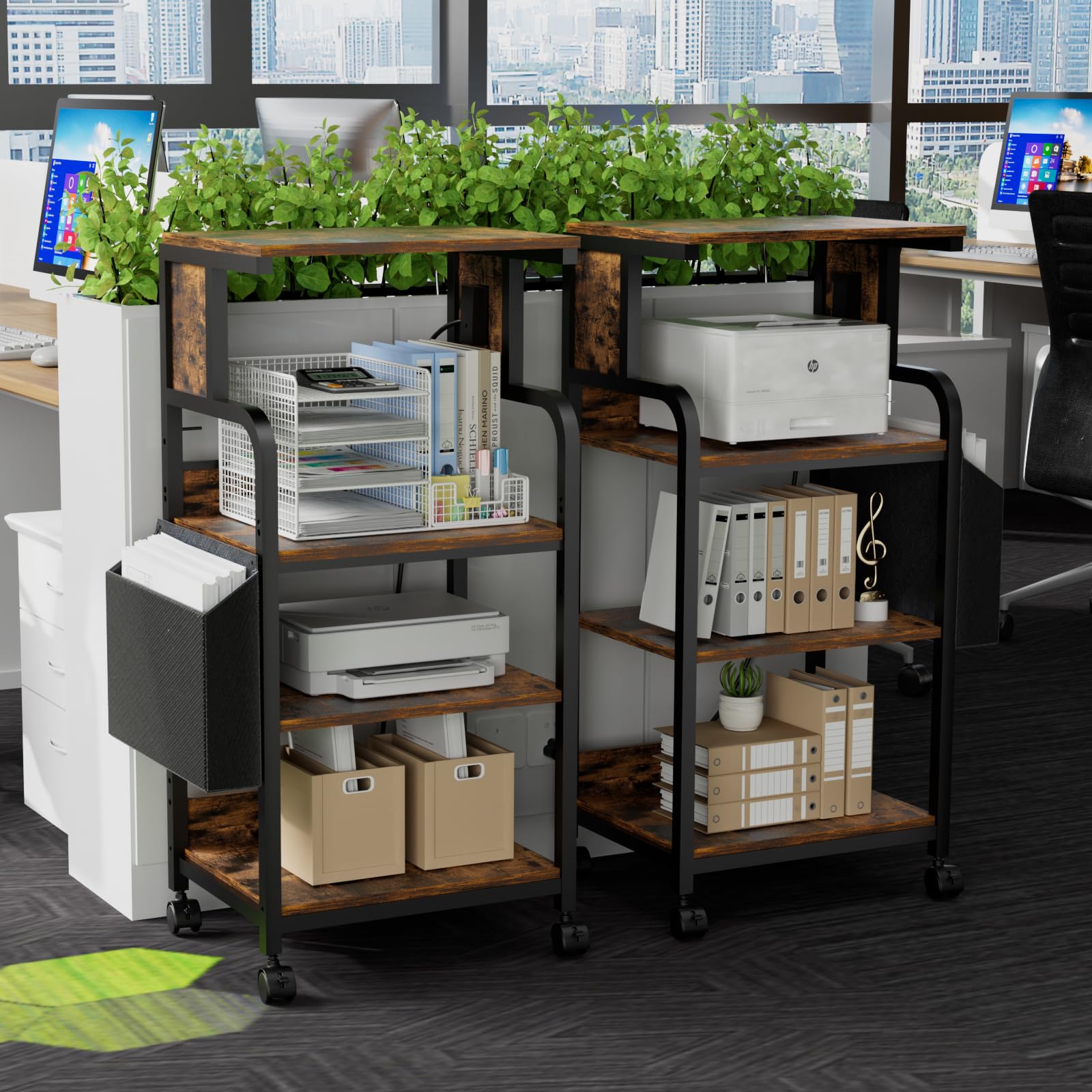 4-Tier Adjustable Printer Stand with Storage Shelf & Wheels - Large Printer Table with Charging Station for Home Office - Perfect for 3D Printer, Shredder, Scanner & Fax Machine - Ideal Workspace Organizer for Small Office & Home Use