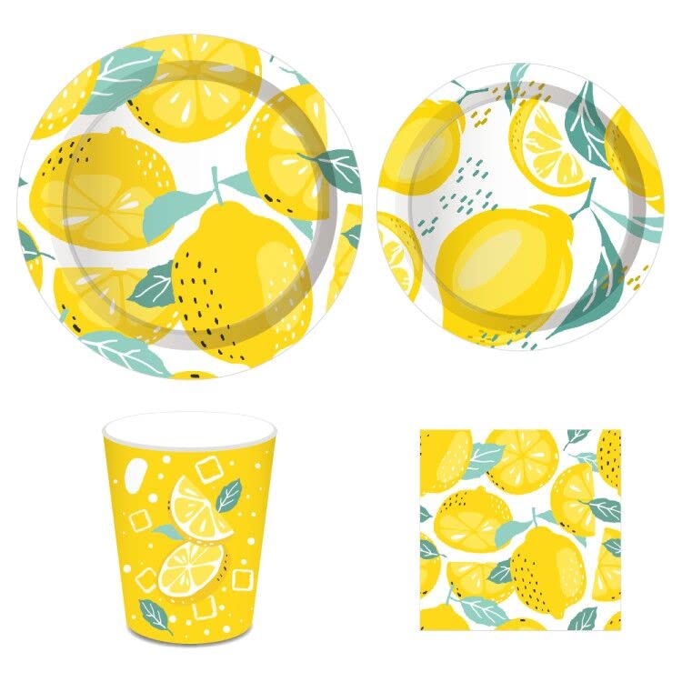 Lemon Party Supplies Set - 113PCS Disposable Dinner Plates, Dessert Plates, Cups, Napkins & Straws for 16 Guests | Lemon Birthday Decorations | Perfect for Baby Showers, Summer Parties & Citrus-Themed Events