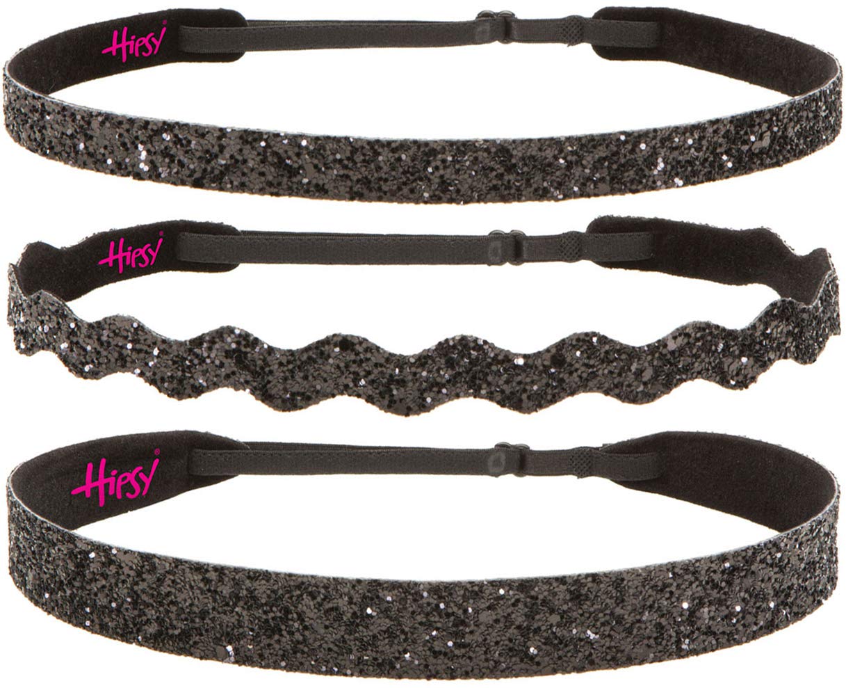 Sparkly Bling Adjustable No-Slip Headbands for Women, Girls & Teens - 3 Pack Mixed Glitter (Black) - Perfect for Sports, Workouts, and Everyday Fashion