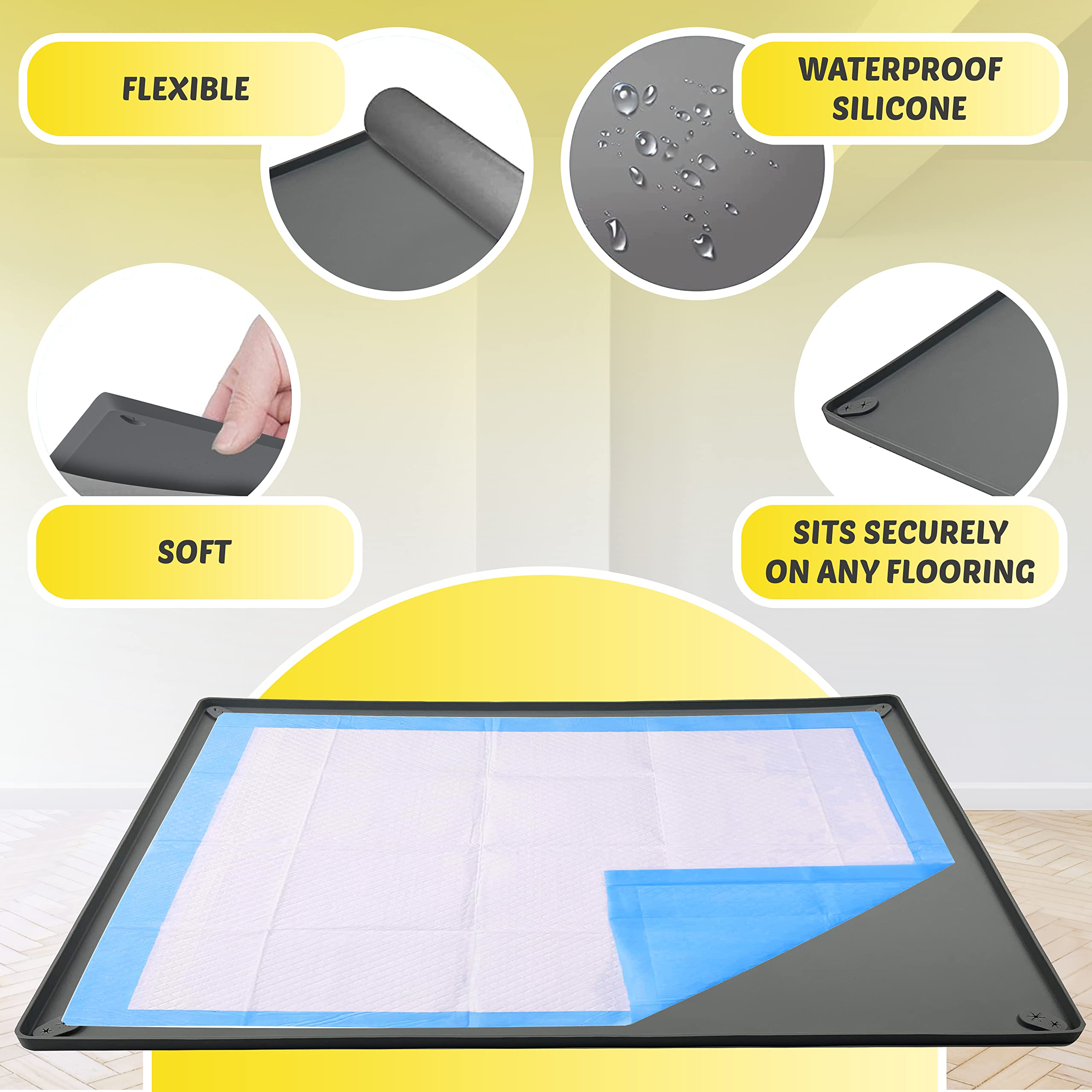 Skywin 30 x 36 Inch Non-Slip Silicone Dog Pad Holder Tray (Grey) - Puppy Training Pee Pad Holder, Waterproof Pet Supplies for Indoor/Outdoor Use - Perfect for Puppies, Senior Dogs & Housebreaking Training