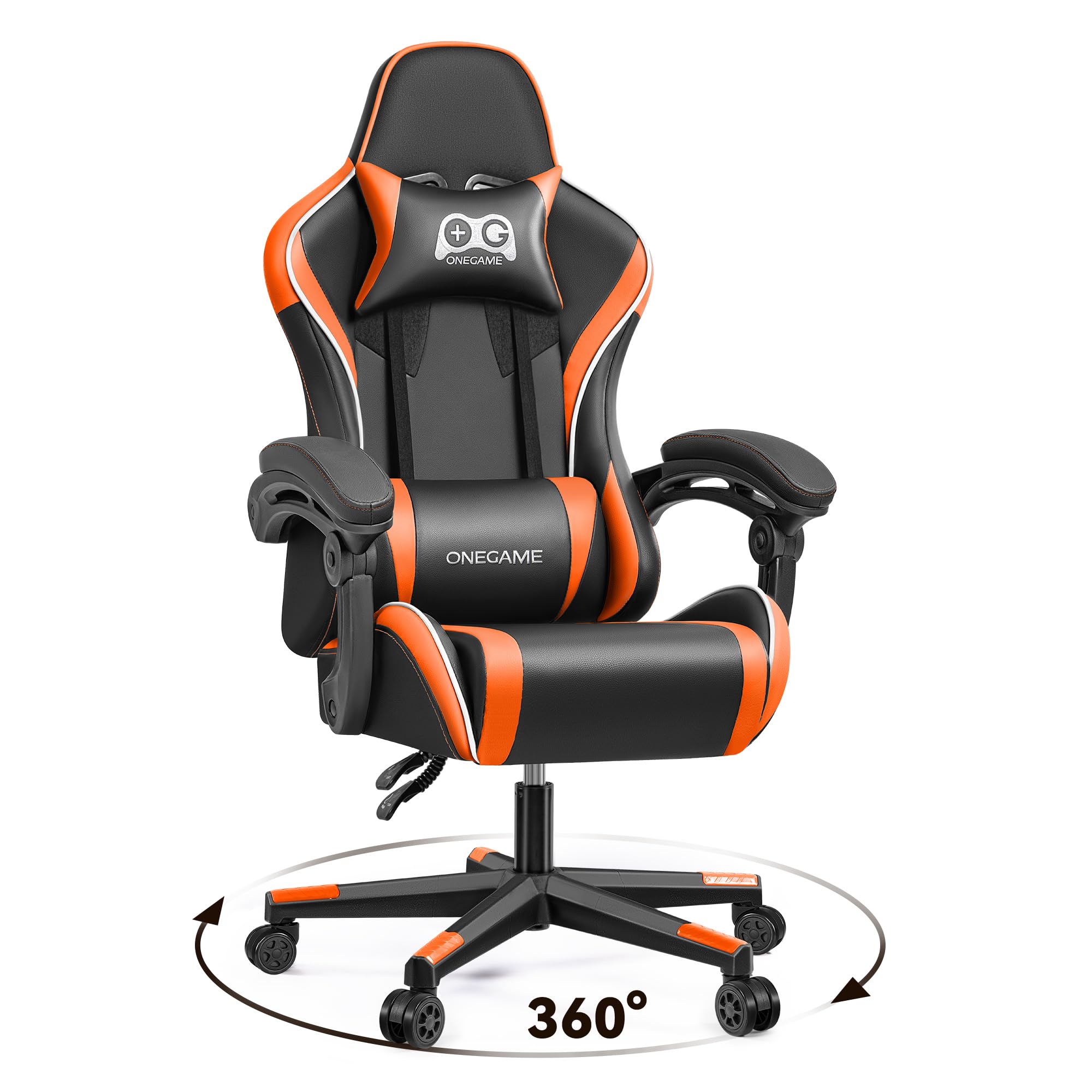 OneGame Ergonomic Gaming Chair for Adults - Racing Style Computer & Office Desk Chair with Adjustable Headrest & Lumbar Support (Black/Orange) - Perfect for PC Gaming, Streaming & Home Office Work