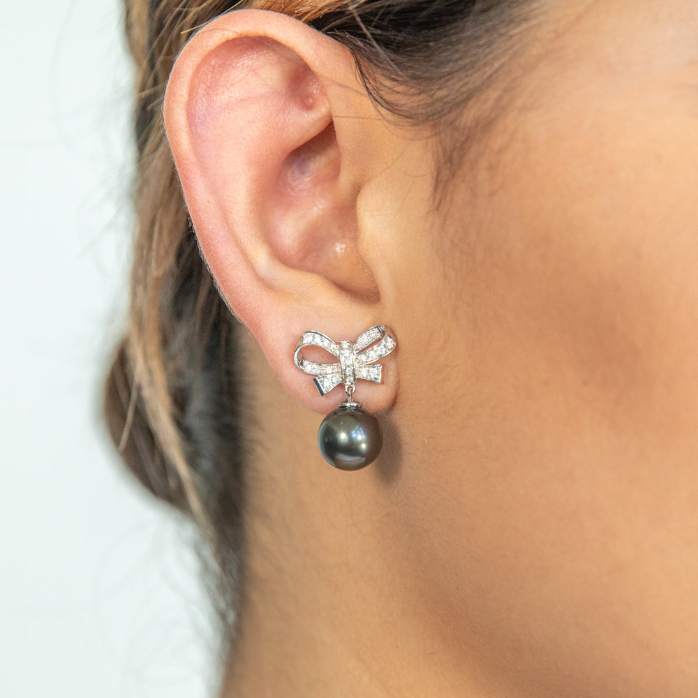 9ct White Gold Tahitian Bow Pearl Earrings with 46 Diamonds - Elegant Jewelry for Weddings, Parties & Special Occasions