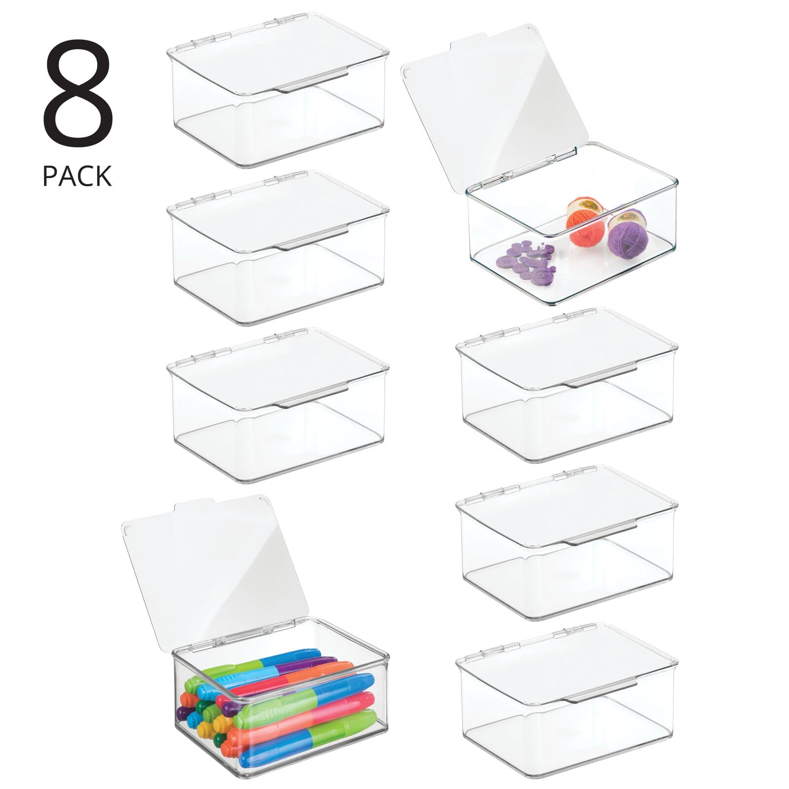 mDesign Clear Plastic Stackable Craft Storage Organizer Boxes with Hinged Lids - 8-Pack for Thread, Beads, Ribbon, Glitter, Clay & Sewing Supplies | Perfect for Craft Rooms, Crochet Projects & Fabric Organization (Lumiere Collection)