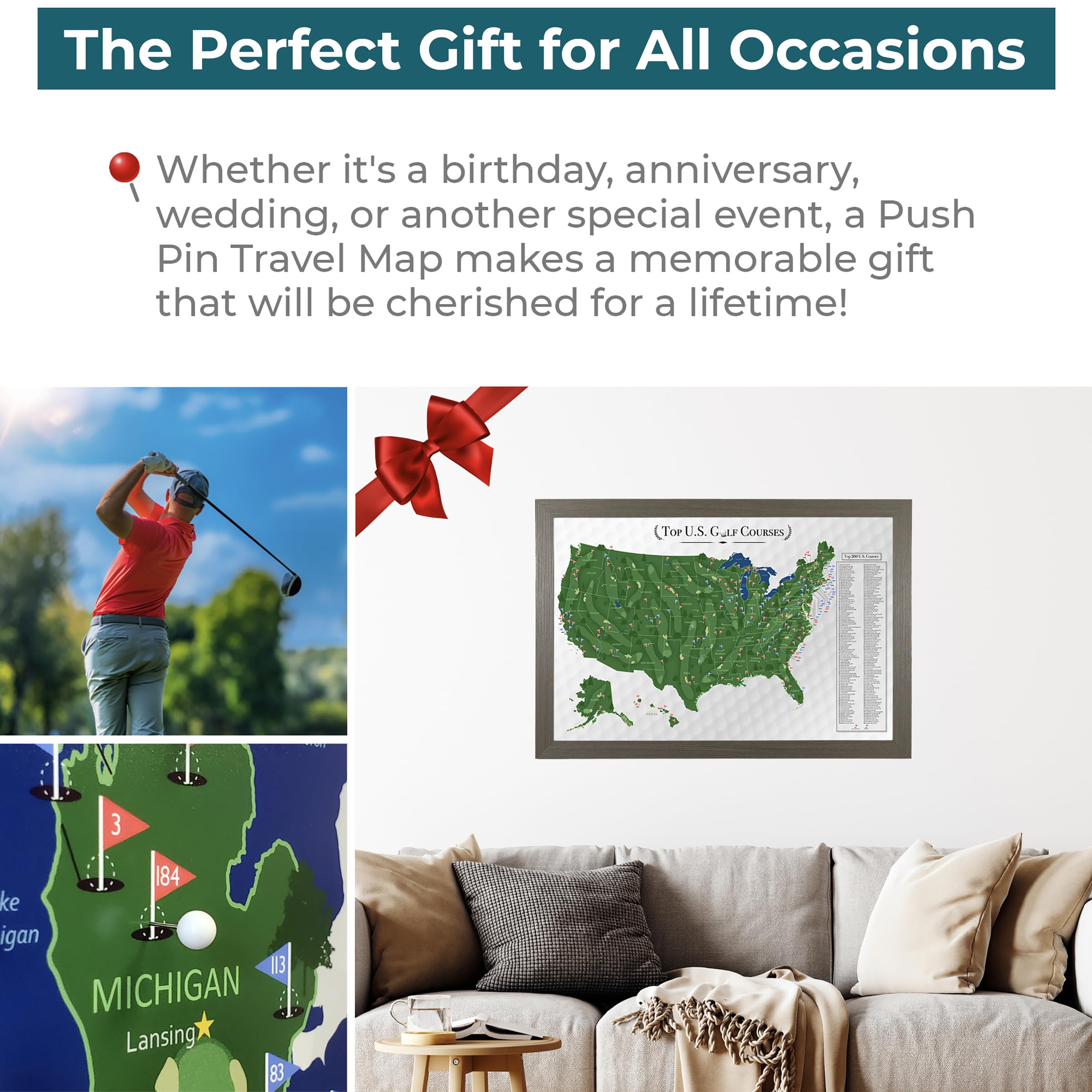 Custom Push Pin Travel Map of Top Golf Courses in USA - Handcrafted Barnwood Gray Framed Wall Art with 150 Pins - 27.5