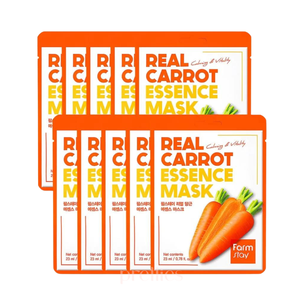 Farmstay Real Carrot Essence Mask - 10 Sheet Pack - Hydrating & Brightening Facial Sheet Mask for Glowing Skin - Perfect for Daily Skincare Routine & Spa Night