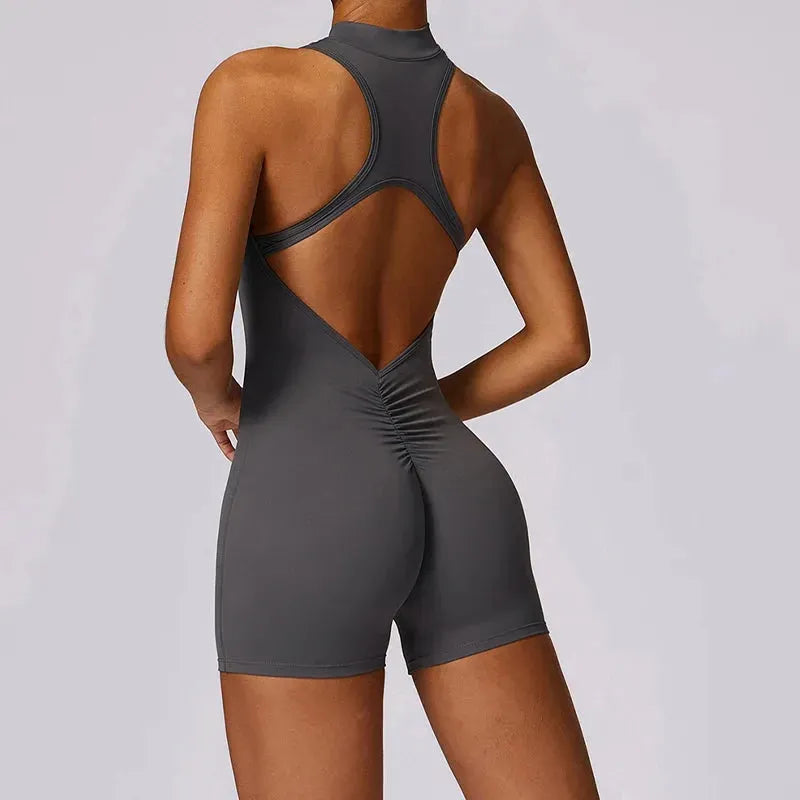 New V Back Scrunch Sports Jumpsuit for Women - Sleeveless Gym Romper with Zipper, Yoga Bodysuit & One Piece Workout Suit | Perfect for Yoga, Gym, Running & Fitness Training