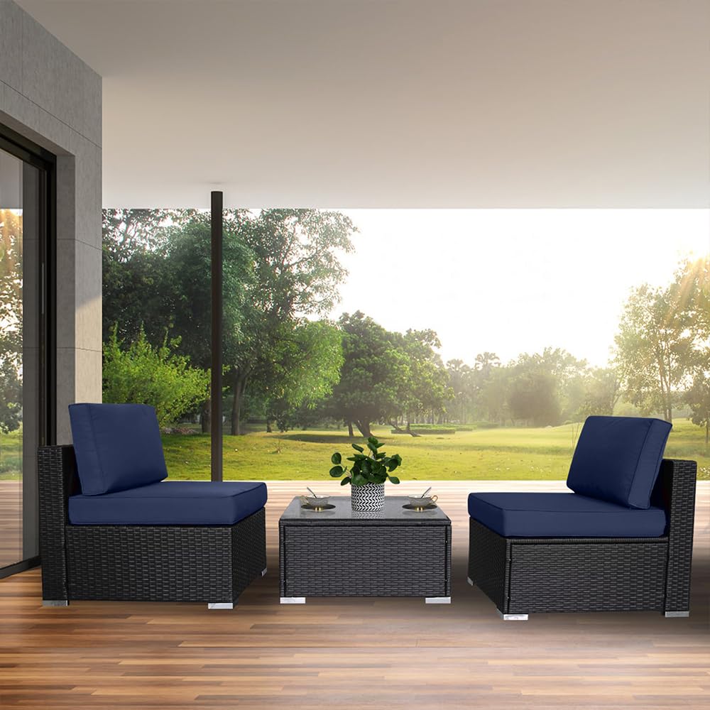 3PCs Outdoor Rattan Sectional Sofa Set - Waterproof Patio Wicker Furniture with Washable Cushions (Dark Blue) for Backyard, Garden & Poolside Relaxation