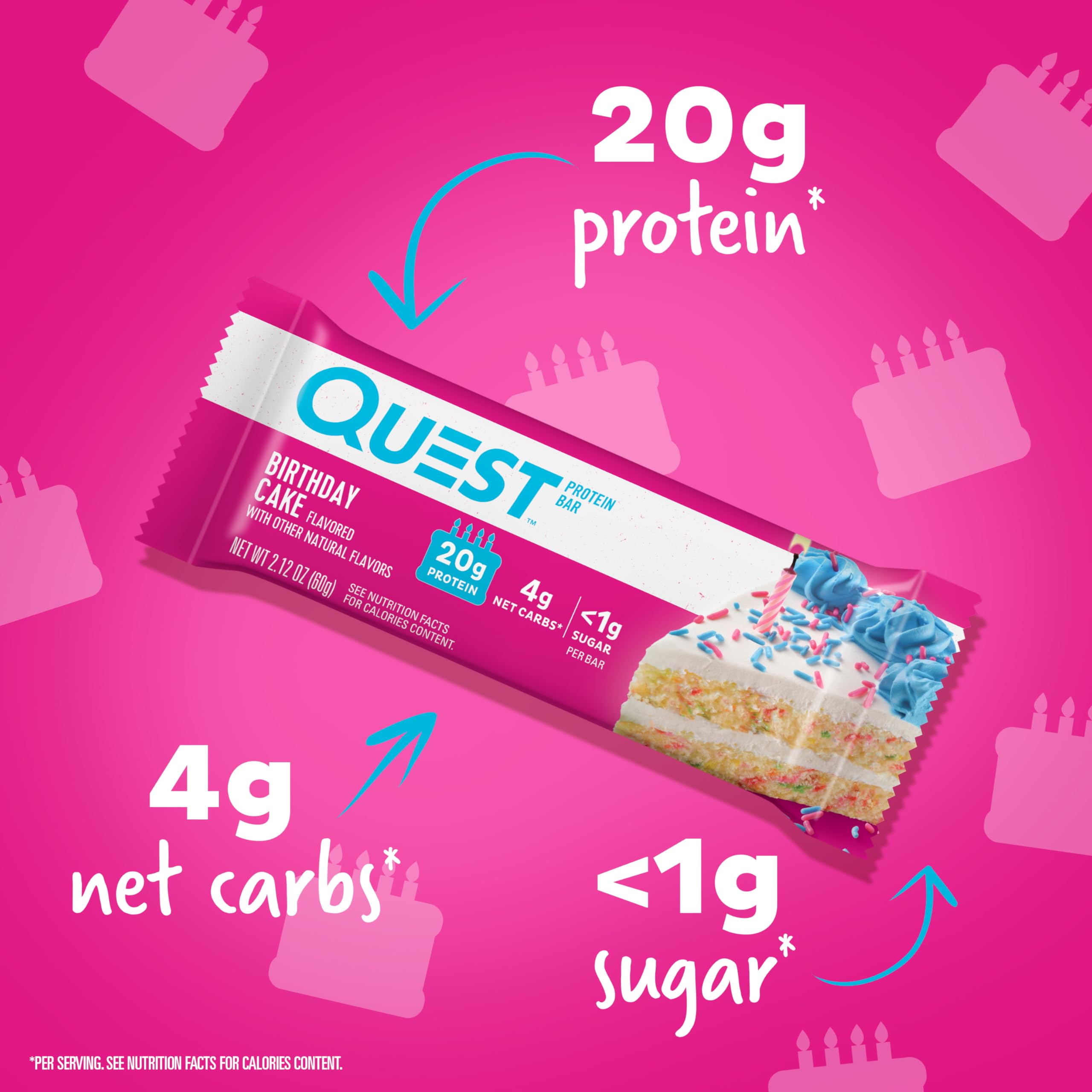 Quest Nutrition Birthday Cake Protein Bar - 20g Protein, 1g Sugar, High Fiber, Keto Friendly, Gluten Free (12 Count) - Perfect for Post-Workout Recovery, Healthy Snacking & Low Carb Diet