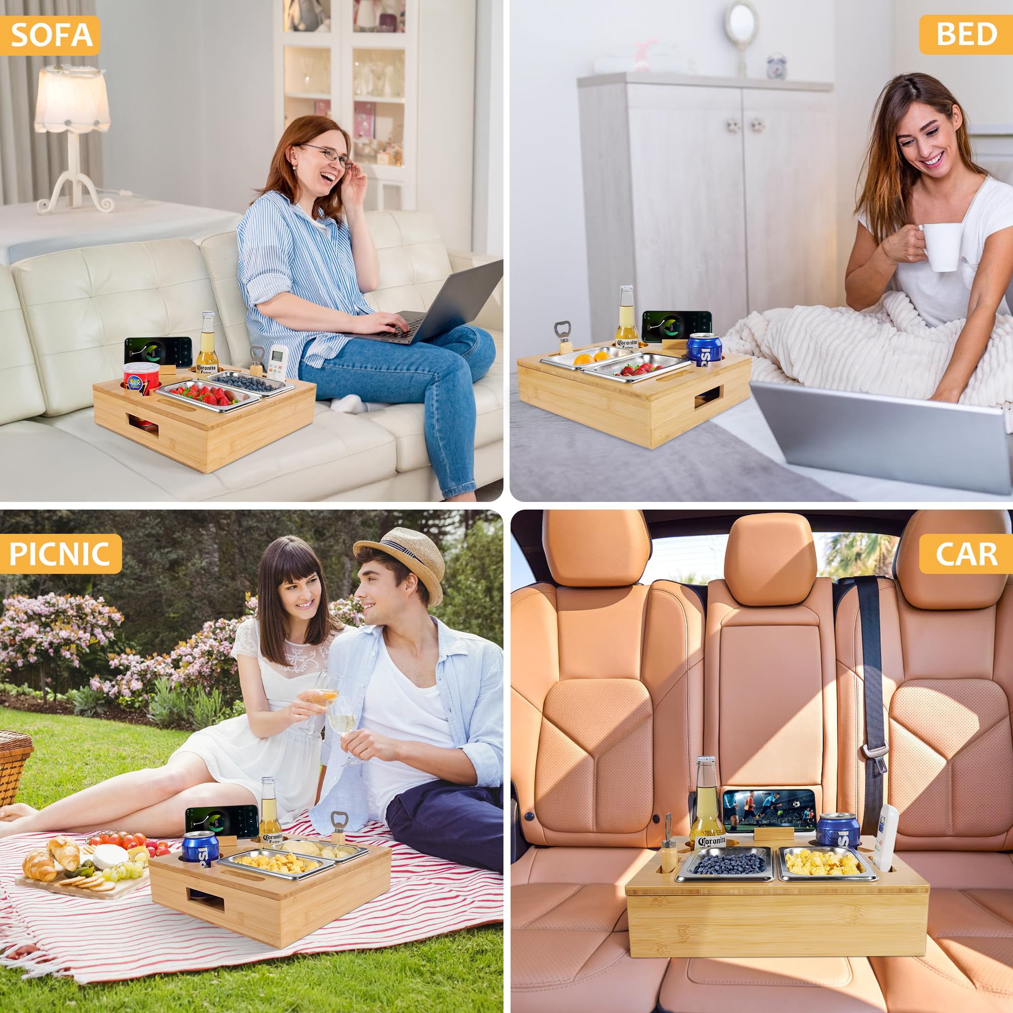 IKER Wooden Couch Cup Holder & Snack Tray - Rotatable Phone Stand, Anti-Spill Drink Holder for Sofa, Bed, Car - Perfect for Movie Nights, Road Trips & Relaxing with Snacks & Drinks