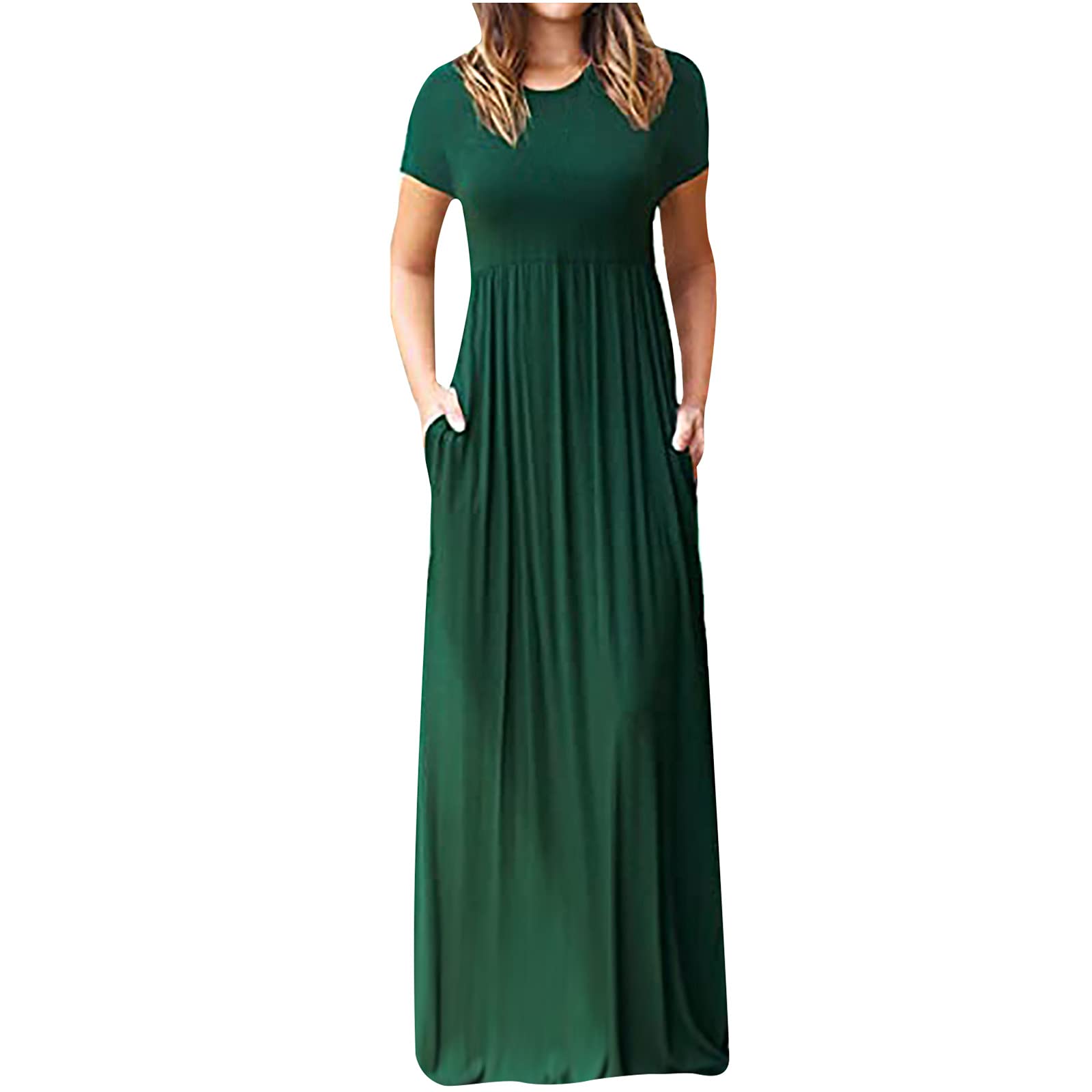 RKSTN Women's Vintage Summer Maxi Dress with Pockets - Floral Print Short Sleeve Long Dress for Beach, Vacation & Casual Wear