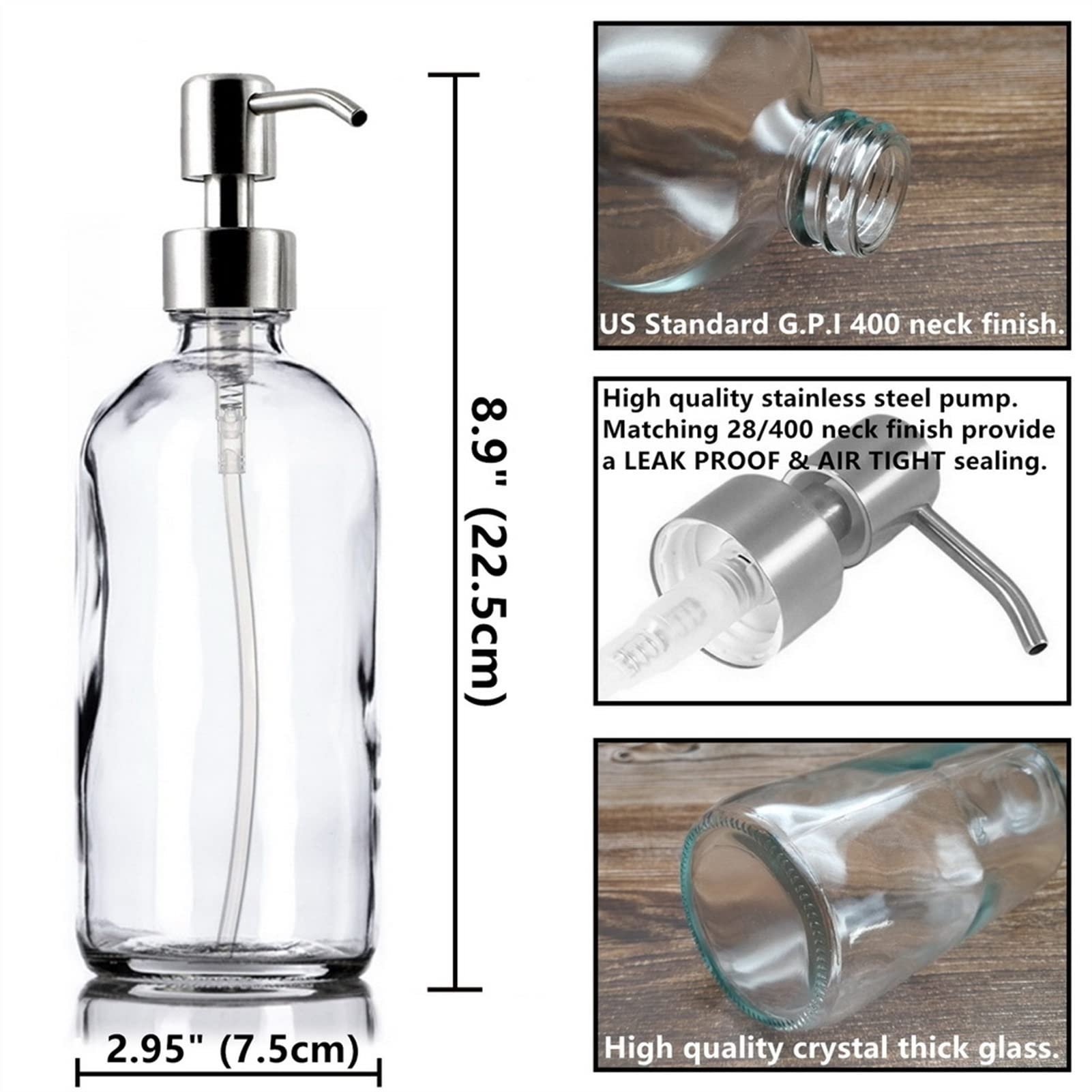 4-Pack 16oz Clear Glass Soap Dispenser with Stainless Steel Pump - Refillable Lotion Bottle for Kitchen, Bathroom, Salon | Perfect for Hand Soap, Dish Soap & Liquid Hand Sanitizer Storage