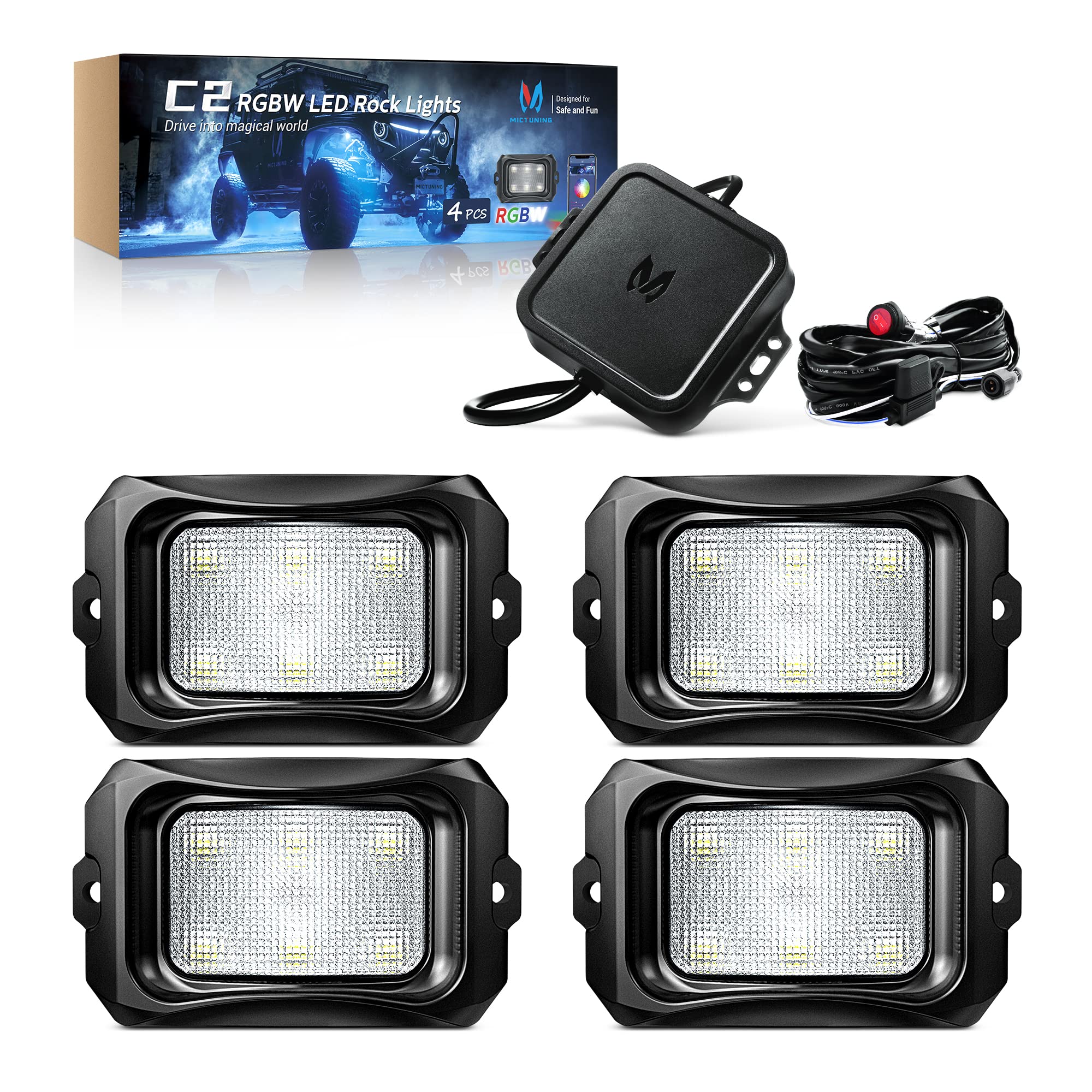 MICTUNING C2 Curved RGBW LED Rock Lights - 4 Pods Underglow Multicolor Neon Light Kit with Bluetooth & Music Sync for Trucks, Jeeps, ATVs (Off-Road, Car Shows, Night Driving)