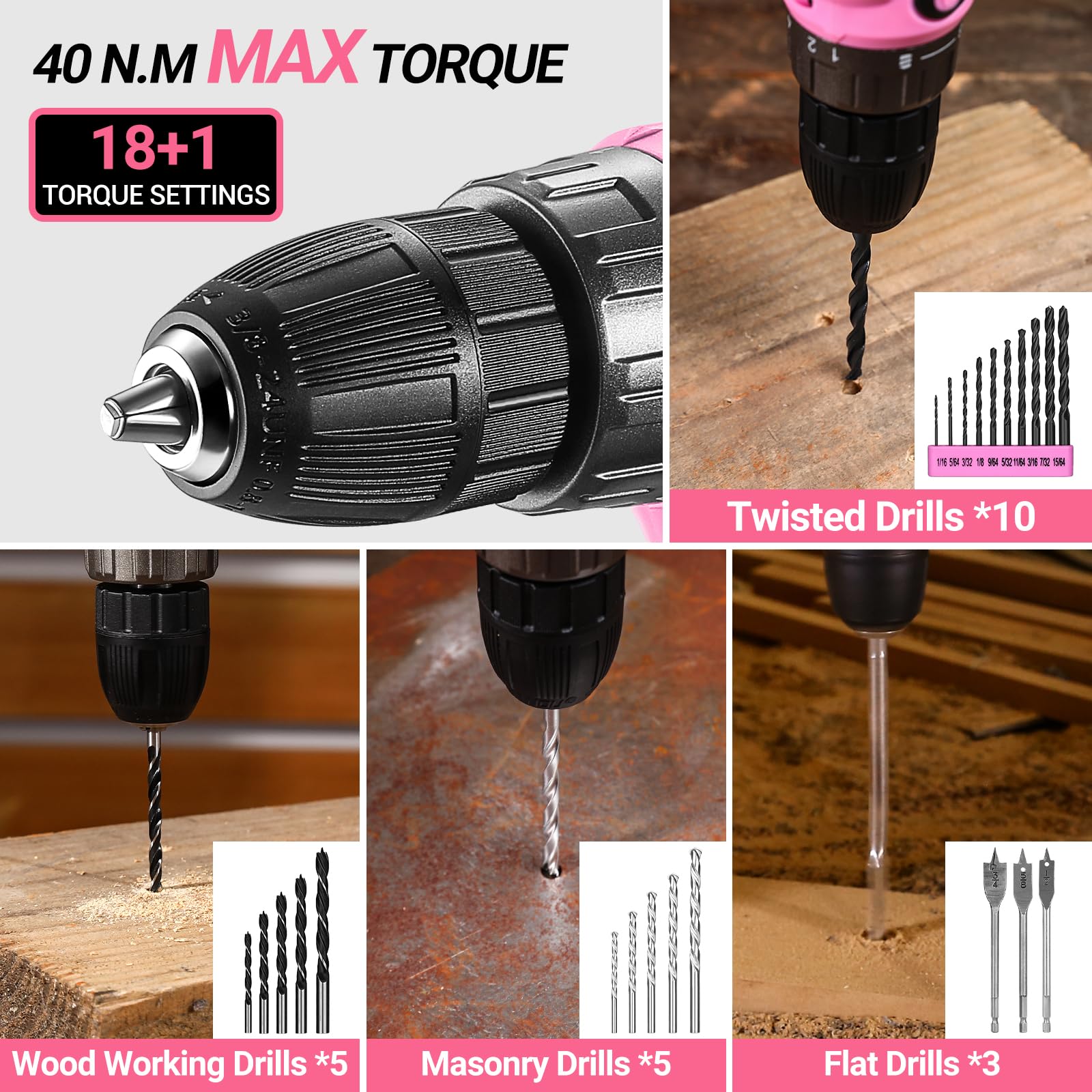 DEKOPRO 20V Cordless Drill Kit - Pink Power Drill Set with Battery, Electric Drill Driver, Toolbox & Accessories for Home Repair, DIY Projects, Woodworking & Handyman Tasks (DKMT186-GP)
