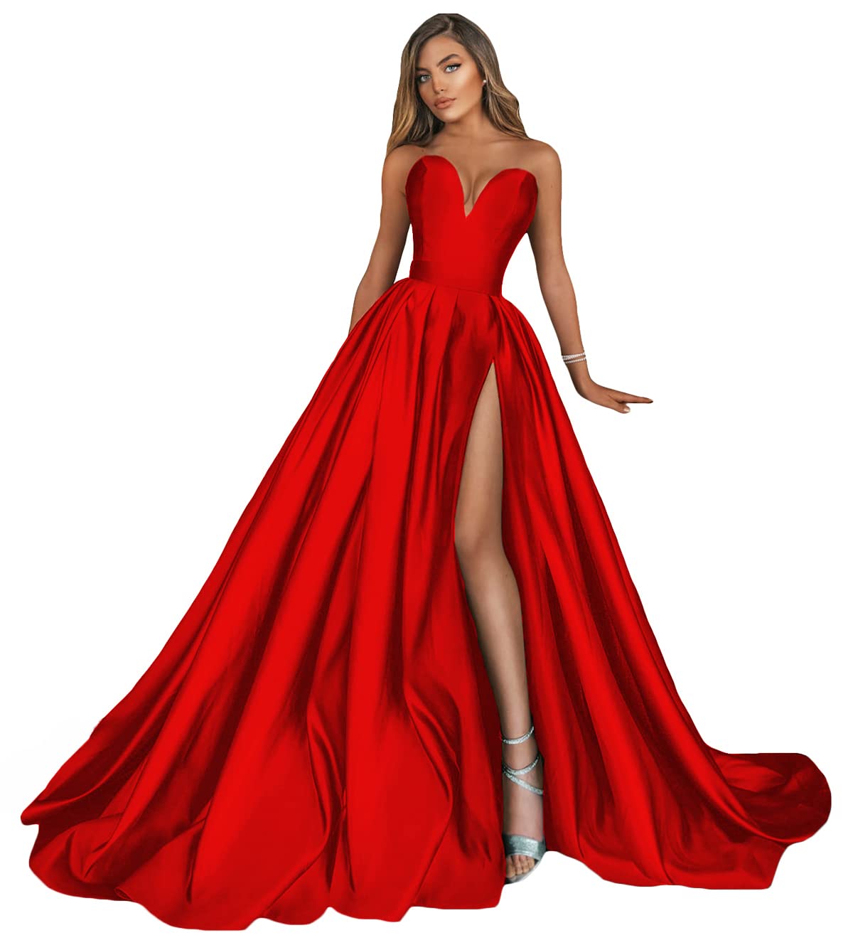 Elegant Strapless Prom Dress for Women - Satin Long Slit Evening Gown with Pockets | Formal Ball, Homecoming, Wedding Guest & Special Occasion Dress