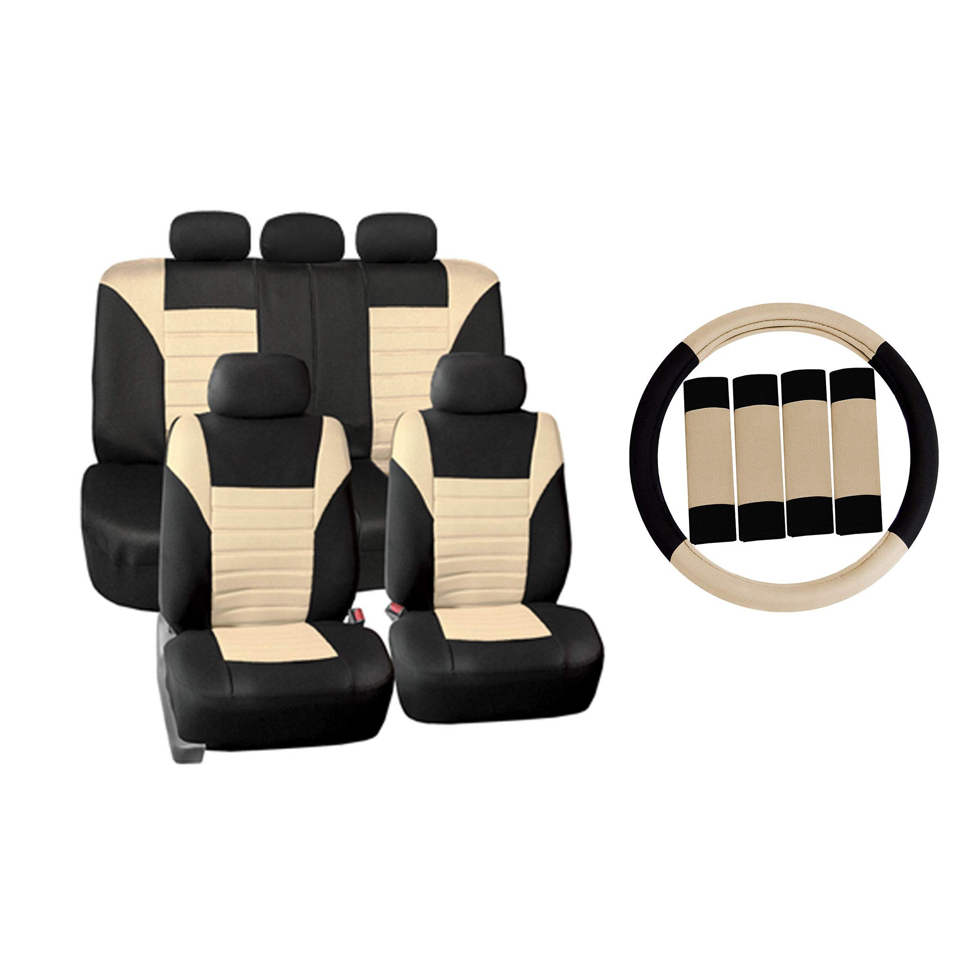 Premium 3D Air Mesh Car Seat Covers Full Set with Steering Wheel Cover & Seat Belt Pads - Universal Fit for Cars, Trucks & SUVs | Airbag Compatible | Beige Color | Enhanced Comfort & Breathability for Long Drives & Road Trips