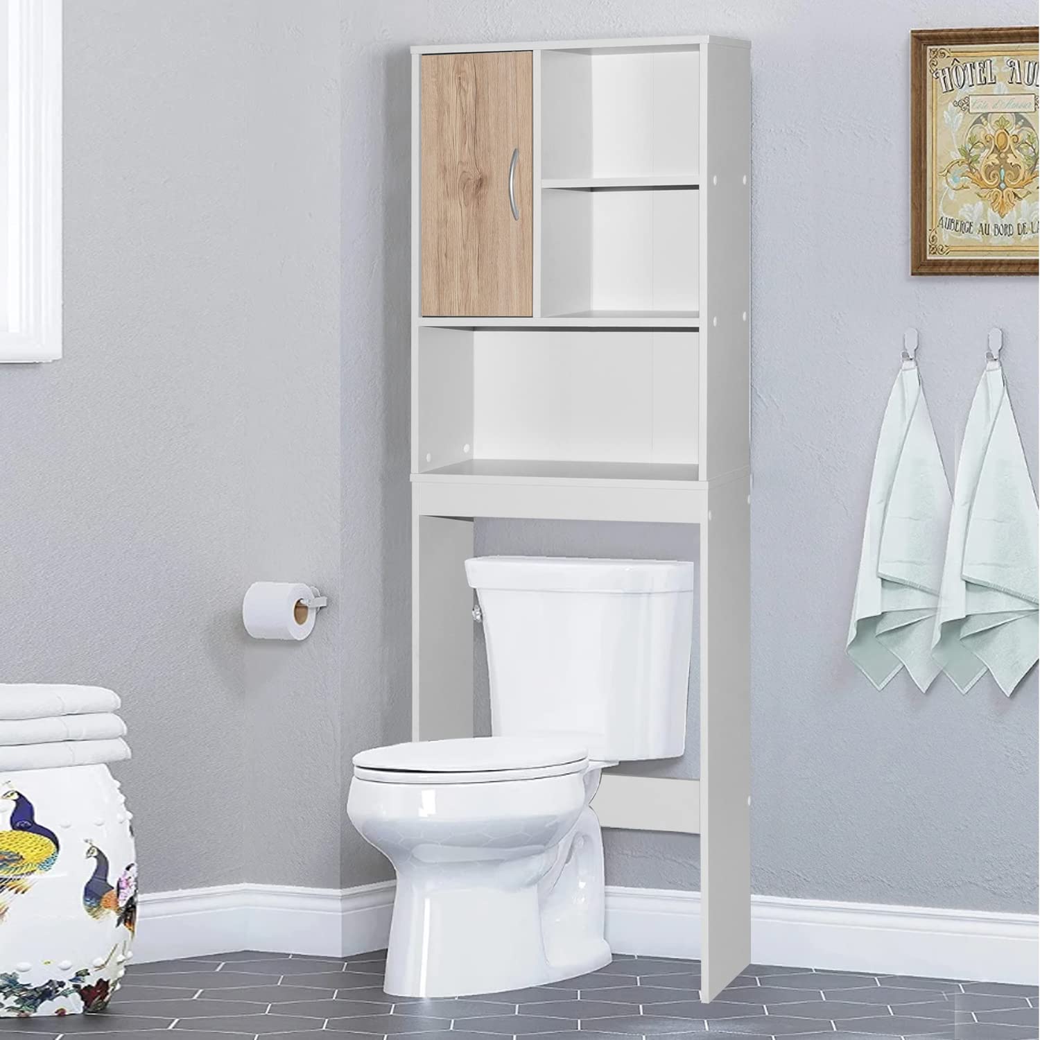 Better Home Products Ace Over-The-Toilet Storage Organizer - White & Natural Oak Bathroom Shelf for Towels, Toiletries & Decor - Space Saving Solution for Small Bathrooms