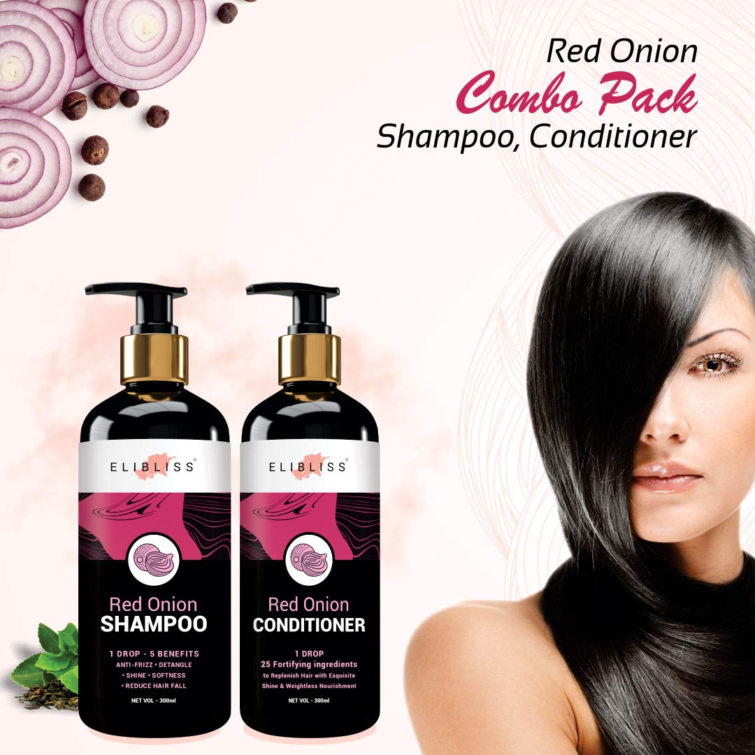 ELIBLISS Red Onion Shampoo and Conditioner Set (300ml + 300ml) for Hair Growth & Hair Loss Prevention - Sulfate Free & Natural Ingredients for Men & Women - Perfect for Daily Hair Care & Scalp Nourishment