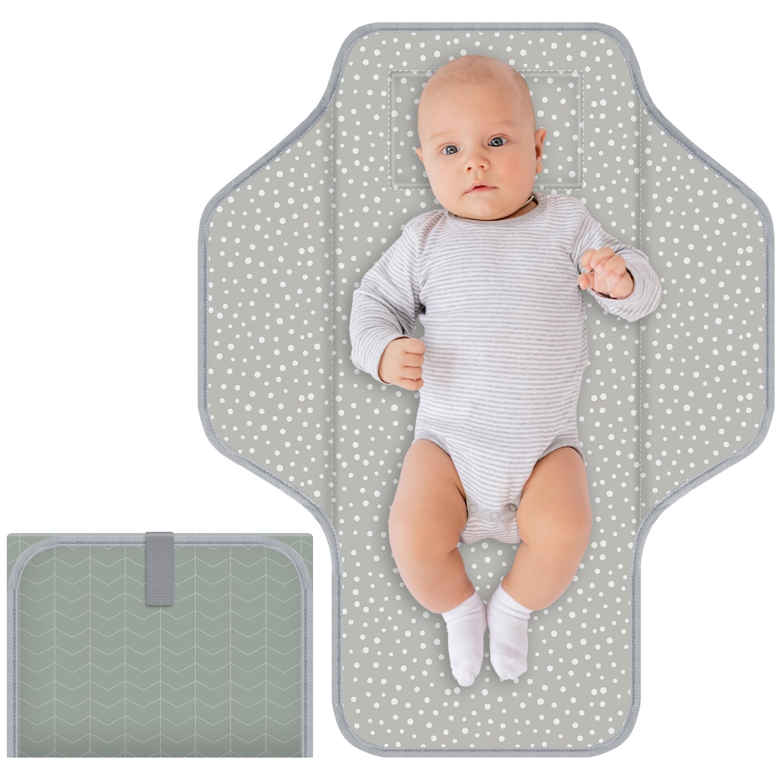 Portable Baby Diaper Changing Pad - Foldable Travel Changing Mat with Built-in Pillow, Waterproof & Compact for Newborns | Nursery, On-the-Go Diaper Station, Baby Shower Gift (Gray Stripe) | Perfect for Home, Travel, Daycare & Outdoor Use