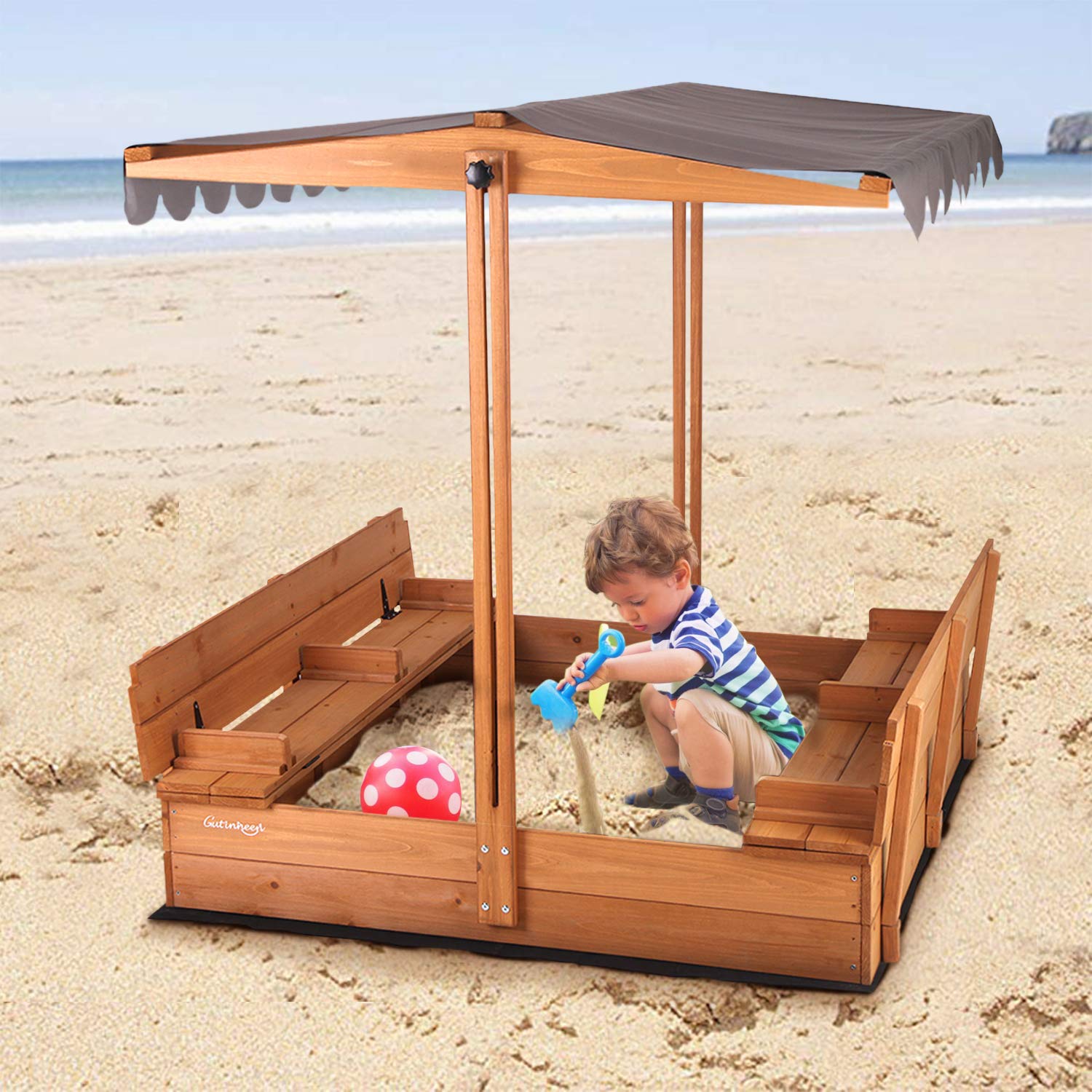 Aivituvin Large Wooden Sandbox for Kids with Canopy, 2 Foldable Bench Seats & Retractable Roof - 47x47 Inch Outdoor Sand Box Toy with Sand Protection - Perfect for Backyard, Garden, and Playground Fun