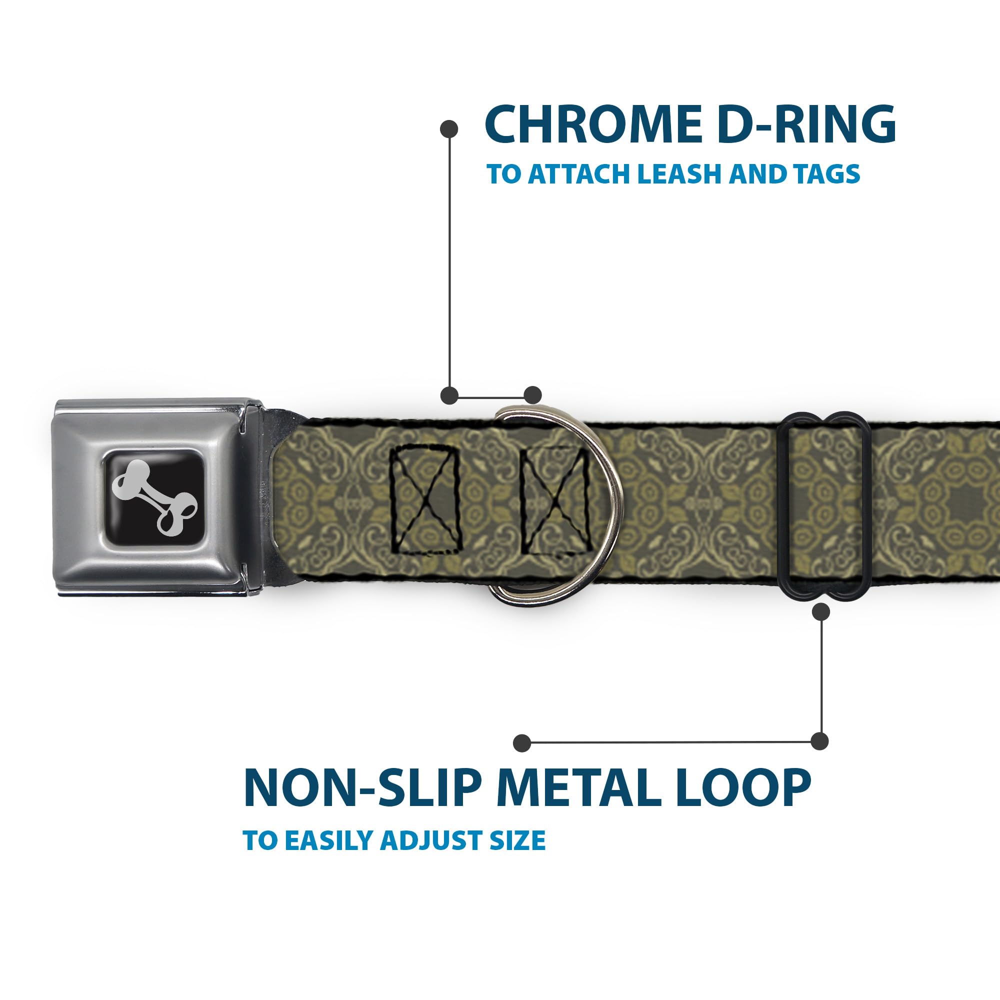 Premium Dog Collar with Seatbelt Buckle - Adjustable 16 to 23 Inches, 1.5 Inch Wide - Charcoal & Olive Tapestry Design - Safe Car Travel & Daily Walks for Medium to Large Dogs