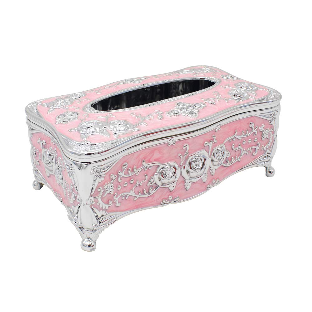 Vintage Rectangular Tissue Box Cover - Silver & Pink Napkin Holder for Car, Kitchen, Table, Bedroom & Bar | Decorative Home & Office Organizer for Facial Tissues & Paper Napkins