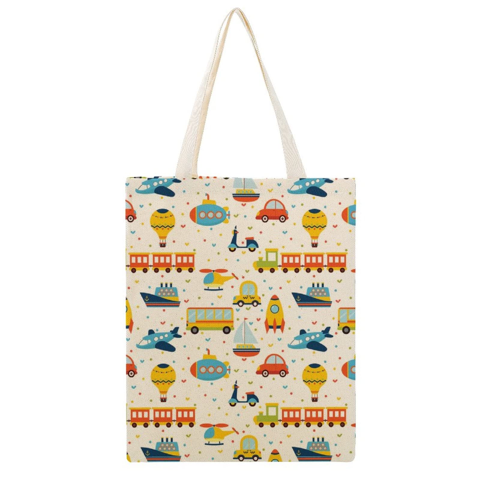 Colorful Cartoon Car Truck Canvas Tote Bag - Reusable Grocery Shopping Bag with Sturdy Handles for Women, Girls & Teachers - Perfect for School, Shopping & Daily Use