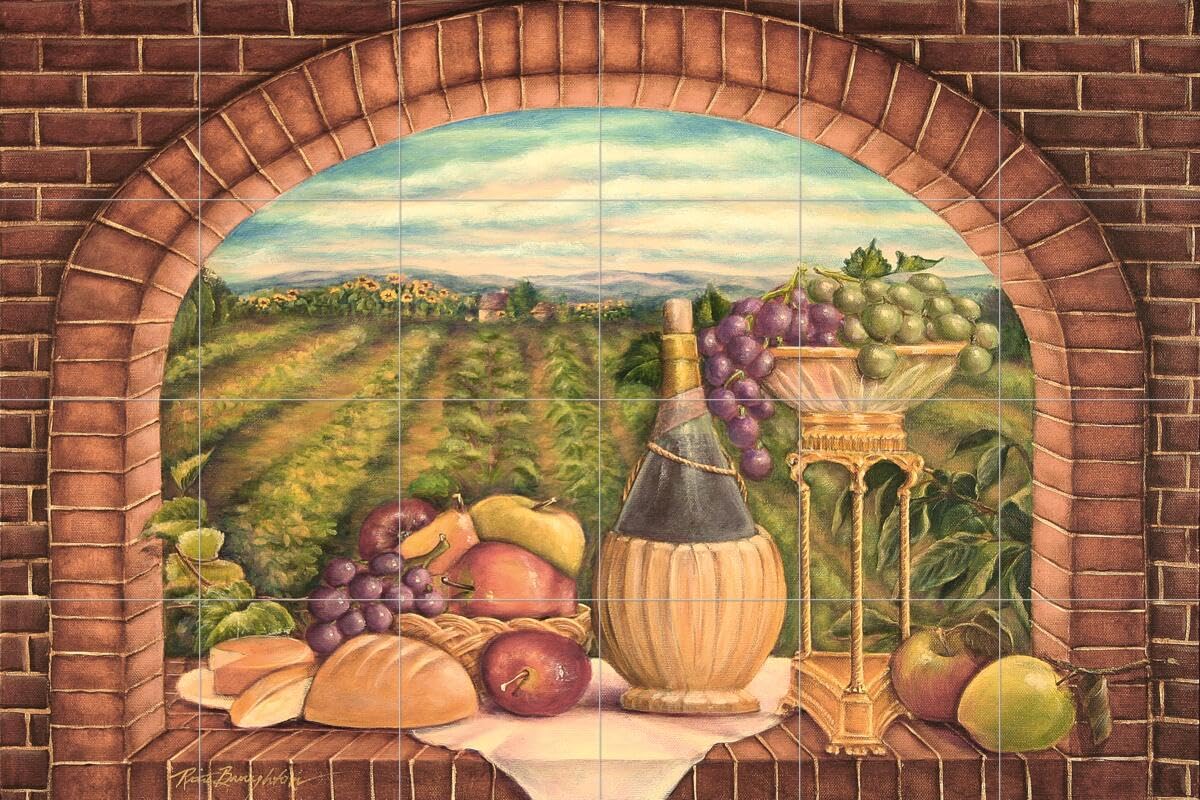 Ceramic Backsplash Tile Mural for Kitchen - Tuscan Wine II Design by Rita Broughton | Perfect for Farmhouse, Mediterranean & Rustic Kitchen Decor