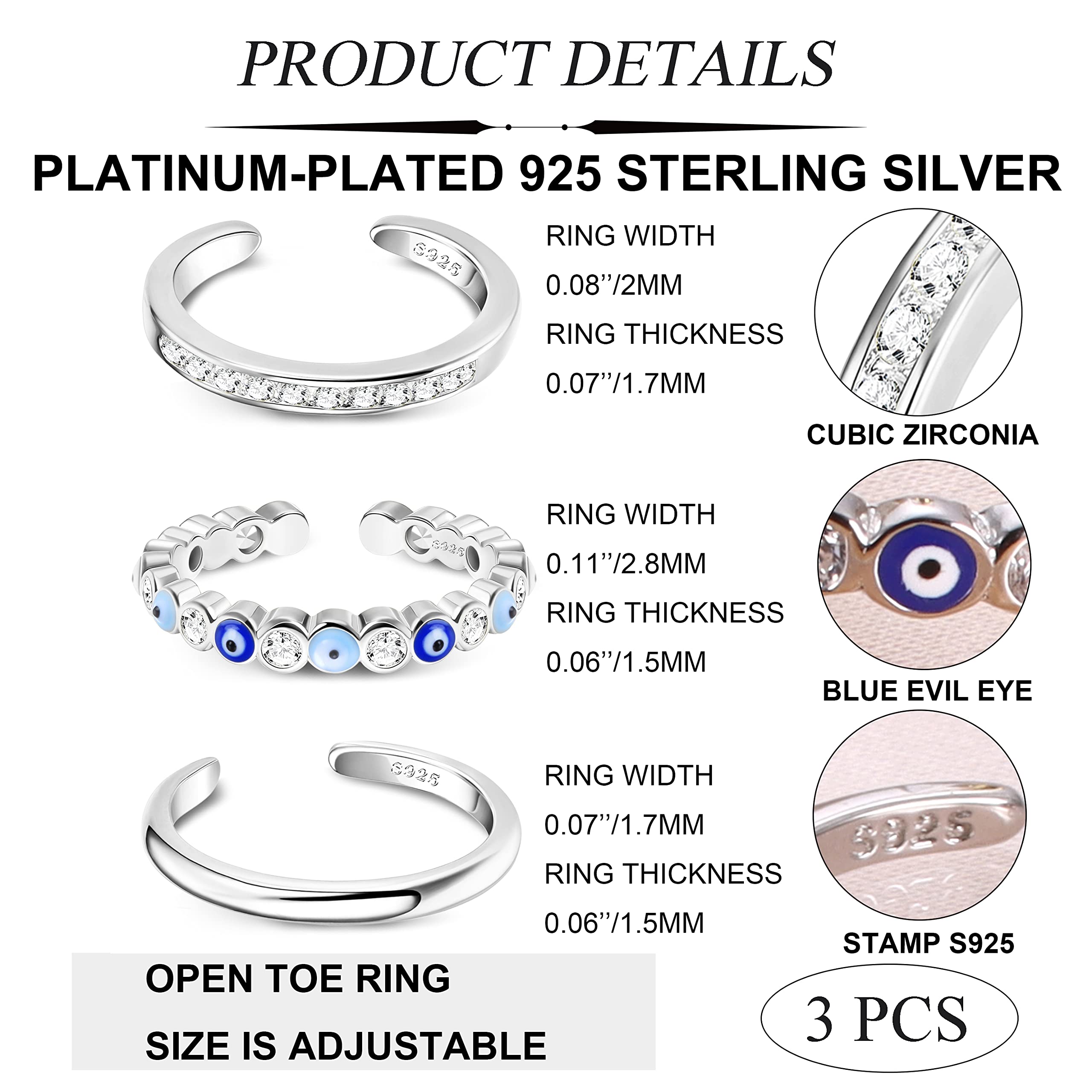 Evil Eye Toe Rings for Women - 925 Sterling Silver Adjustable Open Tail Rings | Summer Beach Foot Jewelry Set | White Gold Plated Stackable Knuckle Rings | Perfect for Beach Vacations, Pool Parties & Boho Fashion Accessories