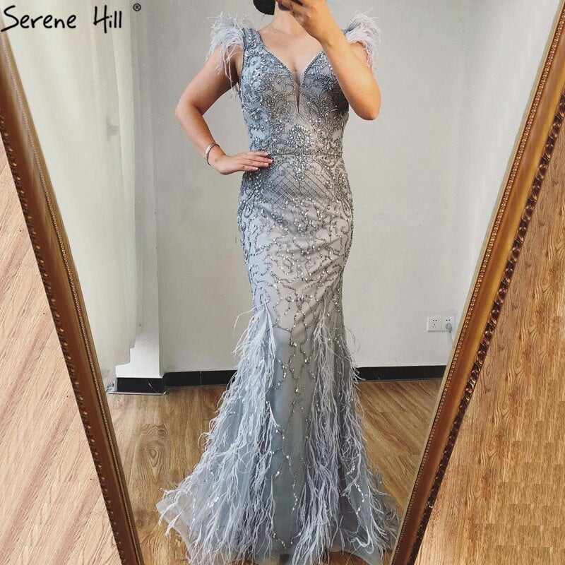 Serene Hill Lilac Mermaid V-Neck Evening Dress 2025 with Feathers & Beading - Luxury Sexy Formal Gown for Prom, Wedding & Red Carpet Events | LA70572