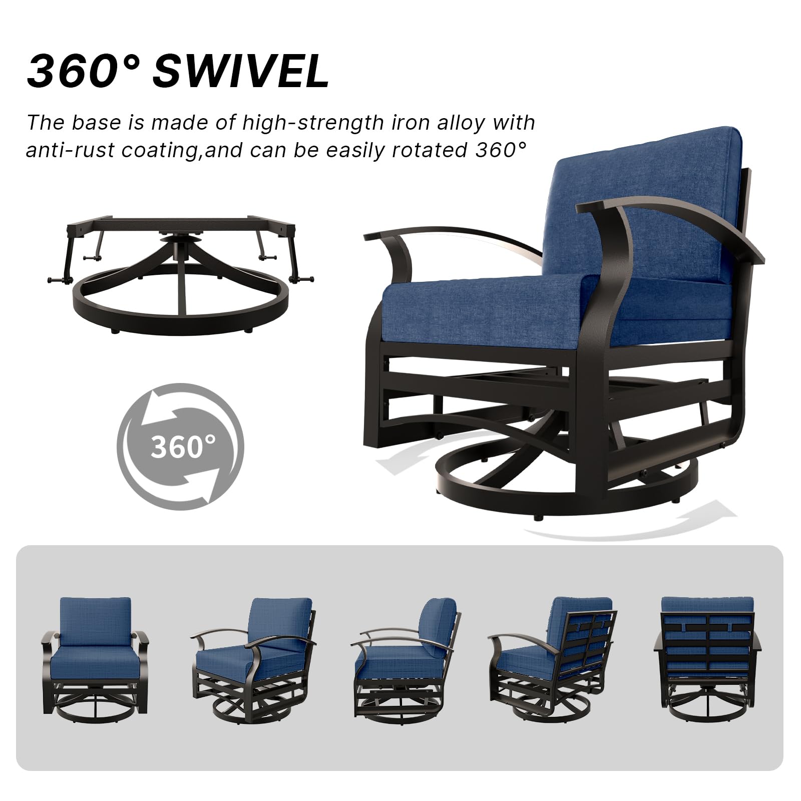 Gotland 3-Piece Outdoor Aluminum Swivel Rocking Chair Set with Coffee Table & Navy Cushions - Patio Furniture for Porch, Garden, Deck, and Backyard Relaxation