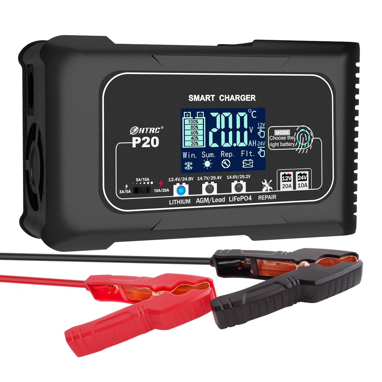 20-Amp Smart Battery Charger for Lithium, LiFePO4, Lead-Acid (AGM/Gel/SLA) - 12V/20A & 24V/10A Car Battery Charger, Trickle Charger & Maintainer - Perfect for Boats, Motorcycles, Lawn Mowers, Golf Carts & More - Ideal for Long-Term Storage, Winterizing Vehicles & Deep Cycle Battery Maintenance