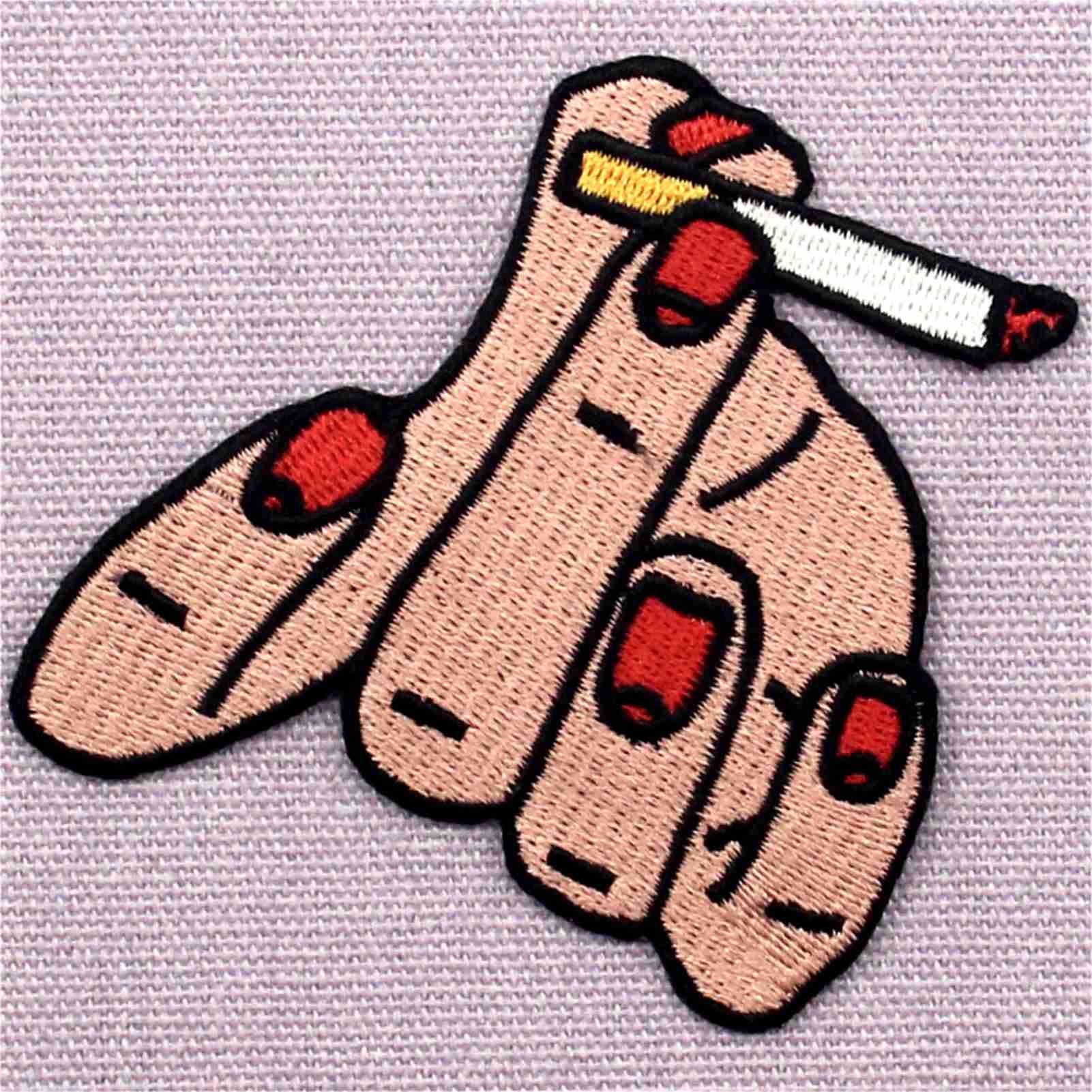 Smoking Style Hand with Cigarette Patch - Embroidered Iron On & Sew On Applique Emblem for Jackets, Hats, Bags DIY Punk Fashion Accessories