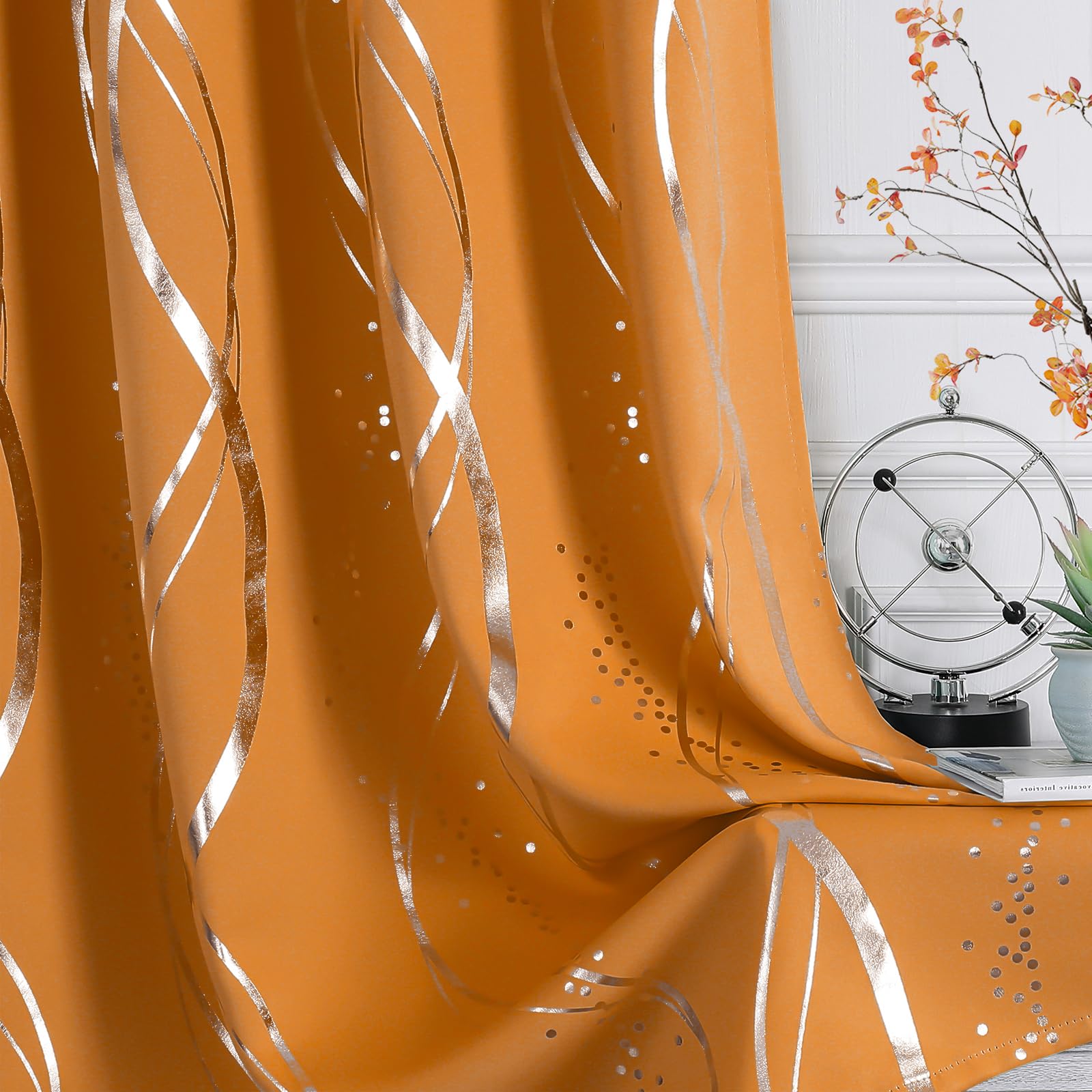 BUHUA Blackout Curtains 63 Inch Length 2 Panels Set - Thermal Insulated Noise Reducing Room Darkening Curtains for Bedroom Living Room with Wave Striped Foil Print (52 x 63 Inches, Orange) - Perfect for Home Theater, Nursery & Light Sleepers