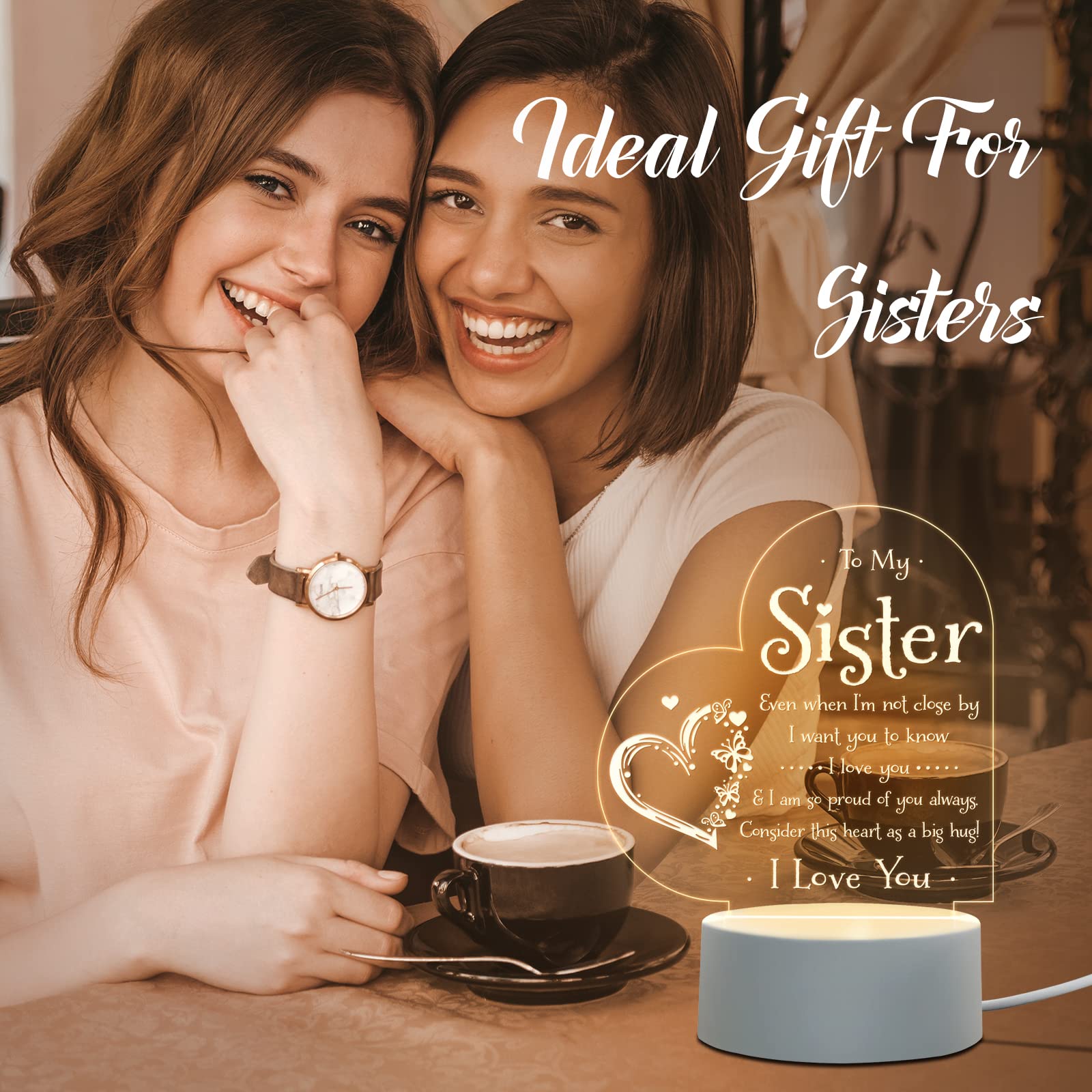 Personalized Sister Night Light - Custom Engraved Birthday Gift for Sister, Mothers Day, Graduation, Wedding & Christmas - Heartwarming Bedside Lamp for Sister from Brother/Sister - Perfect for Bedroom, Nursery & Gift Giving Occasions