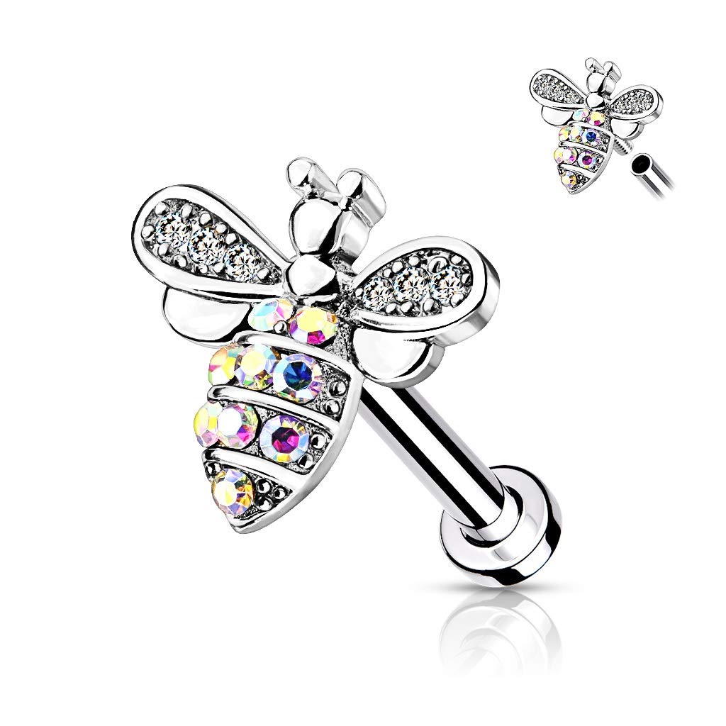 Micro CZ Paved Bee Stud Earrings with AB Crystals - 316L Surgical Steel Internally Threaded Labret, Monroe & Cartilage Piercing Jewelry - Perfect for Everyday Wear & Special Occasions