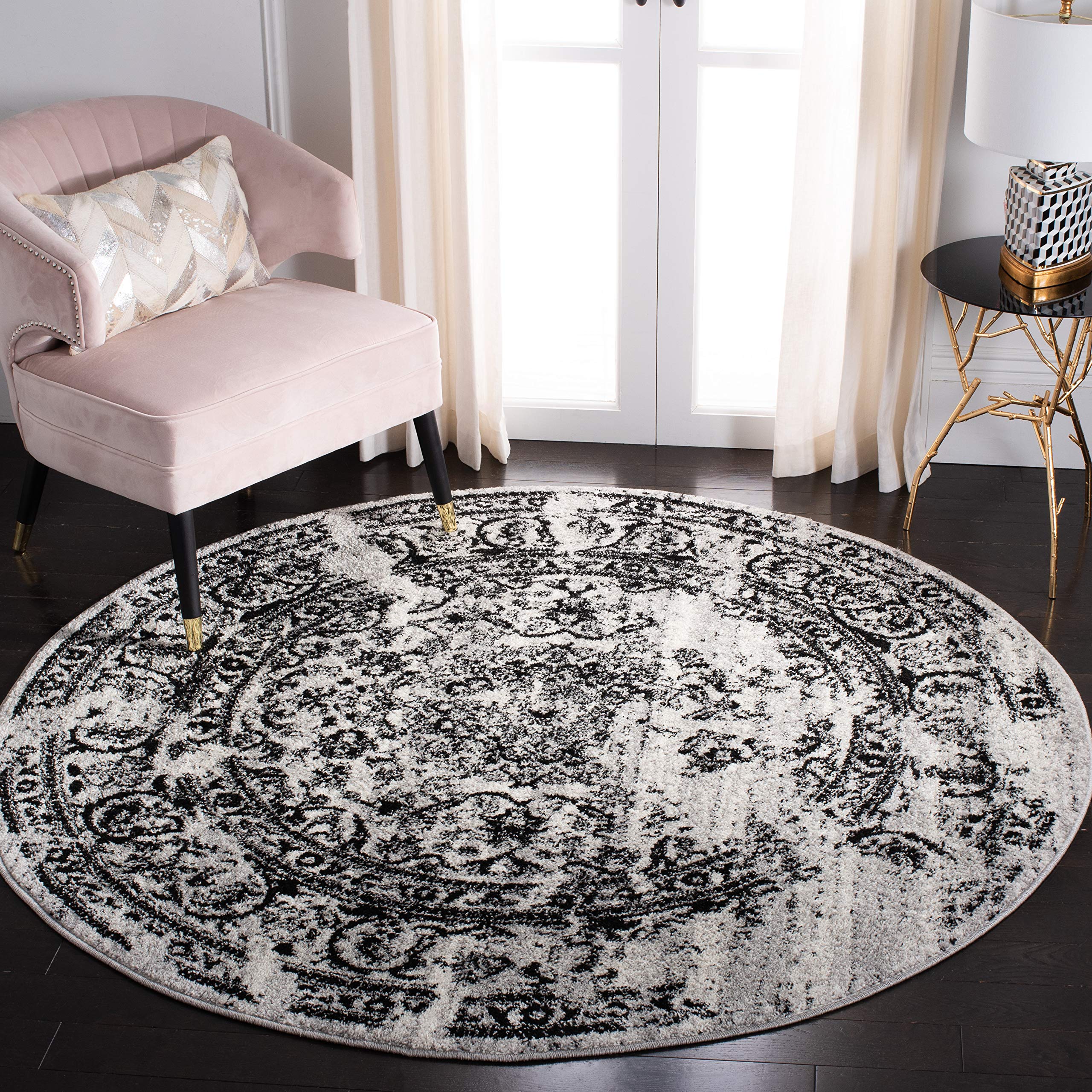 SAFAVIEH Adirondack Collection 10' Round Silver & Black Oriental Distressed Area Rug - Non-Shedding, Stain Resistant for Dining Room, Living Room, Bedroom, Entryway & Foyer Decor