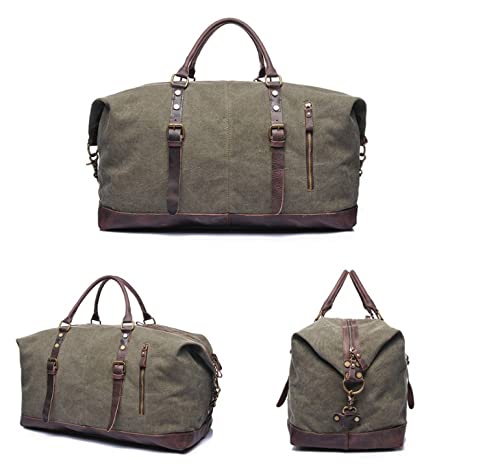 Premium Canvas & Genuine Leather Duffle Bag for Men & Women - Large 32x54x26cm Weekender Travel Luggage - Green | Gym, Overnight Trips, Business Travel & Outdoor Adventures