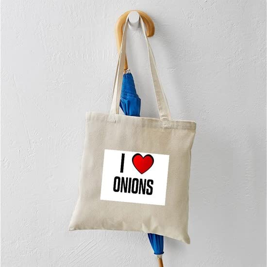 I LOVE ONIONS Tote Bag - Natural Canvas Reusable Grocery Shopping Tote - Perfect for Farmers Market, Grocery Store & Eco-Friendly Lifestyle