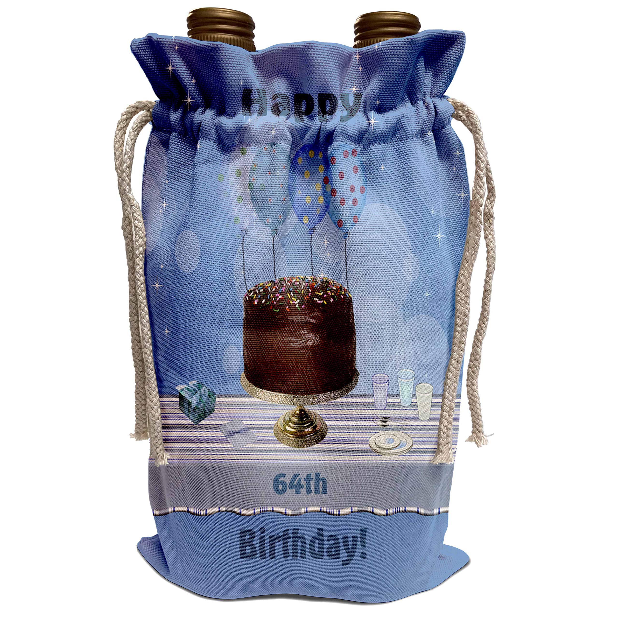 3D Rose Beverly Turner 64th Birthday Party Wine Bag with Chocolate Cake & Blue Balloons Design - Perfect for Birthday Gifts, Anniversary Celebrations & Wine Lovers