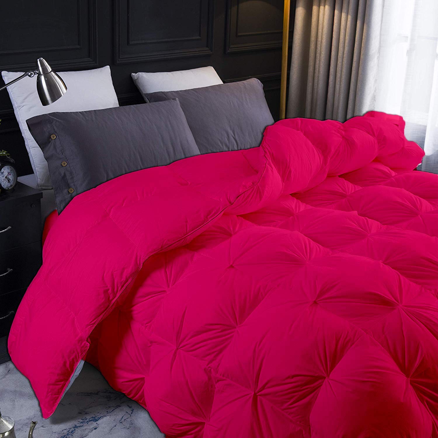 3 Pcs Pinch Pleated Comforter Set - 500 GSM 100% Cotton Baffle Pintuck Down Comforter with Corner Tabs & 2 Pillow Shams (Hot Pink, Oversized King) | All Season Luxury Bedding for Master Bedroom & Guest Room