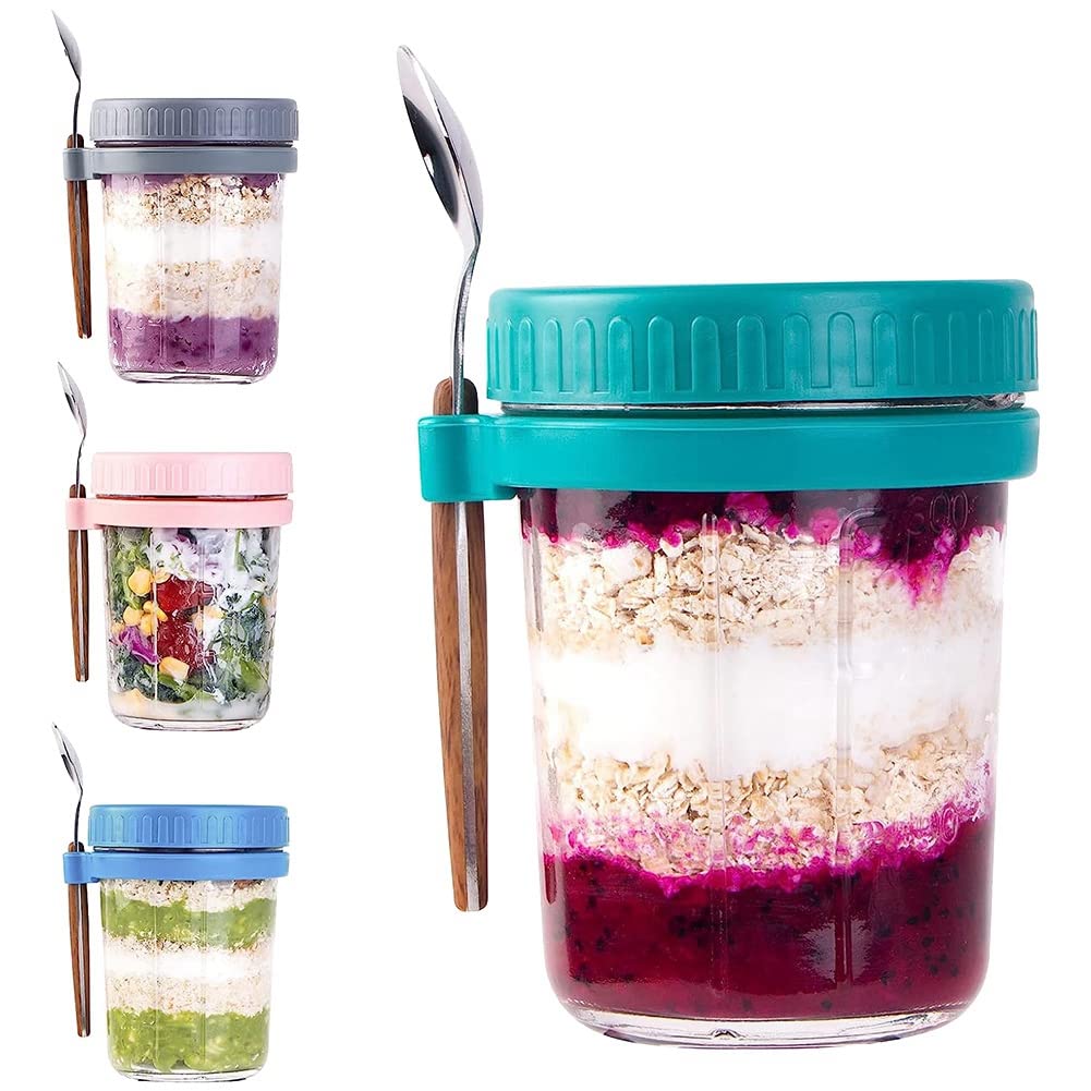 Premium Glass Overnight Oats Jars with Lids & Spoon - 4 Pack Reusable Breakfast Containers for Meal Prep, Yogurt Parfait & Healthy Snacks - Perfect for Office, Gym & On-the-Go Lifestyles