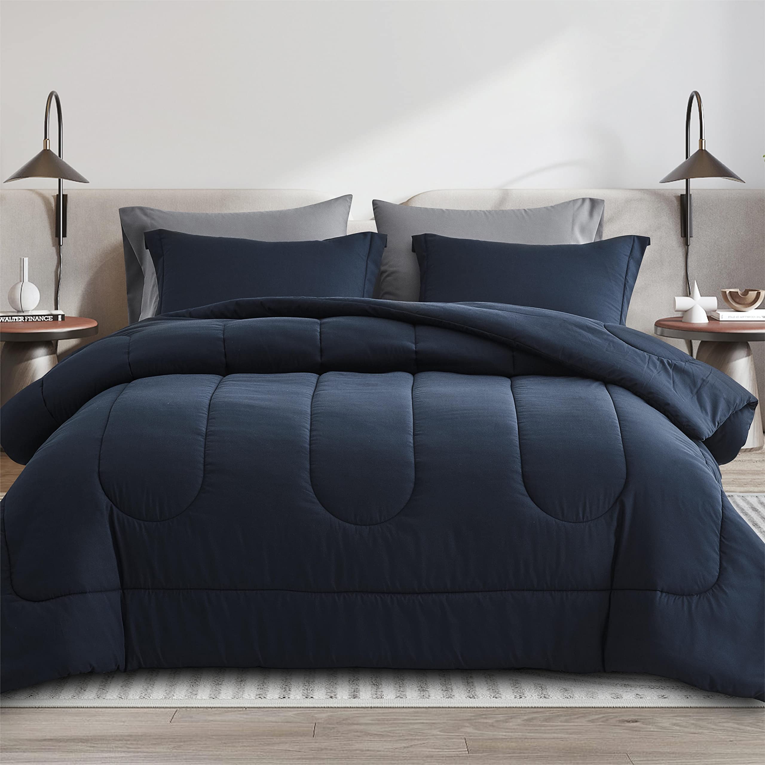 Maple & Stone 7-Piece Queen Size Comforter Set - Down Alternative Bedding Set with Soft Reversible Duvet Insert, Sheets & Pillowcases (Navy & Dark Grey) - Perfect for Master Bedrooms, Guest Rooms & Cozy Home Decor