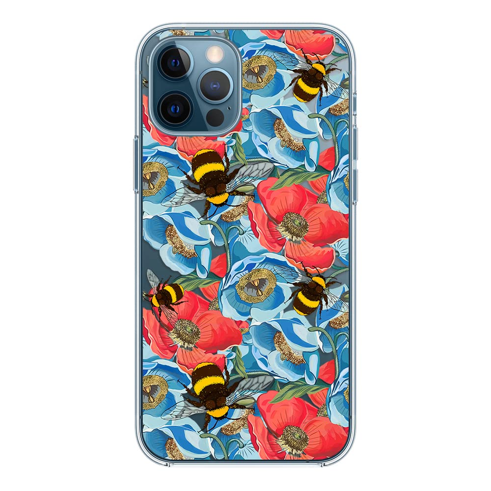 Cute Floral Bee Pattern iPhone 12 Pro Case (6.1 inch) - Transparent Soft TPU Protective Cover for Women & Girls | Bumblebee Flower Design | Perfect for Daily Use, School & Office