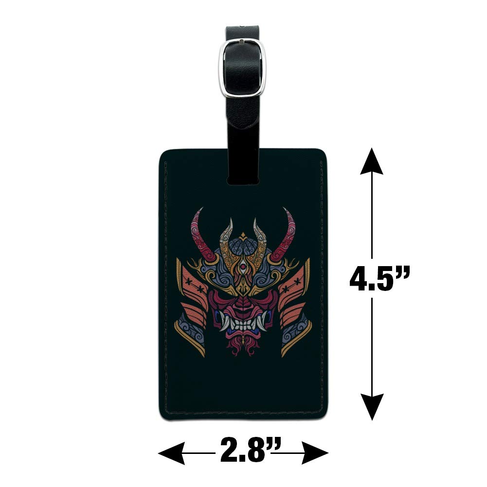 Japanese Samurai Oni Demon Mask Leather Luggage Tag - Unique Rectangle ID Card Holder for Travel Bags, Suitcases & Backpacks - Perfect for Anime Fans, Cosplay & Halloween Costumes