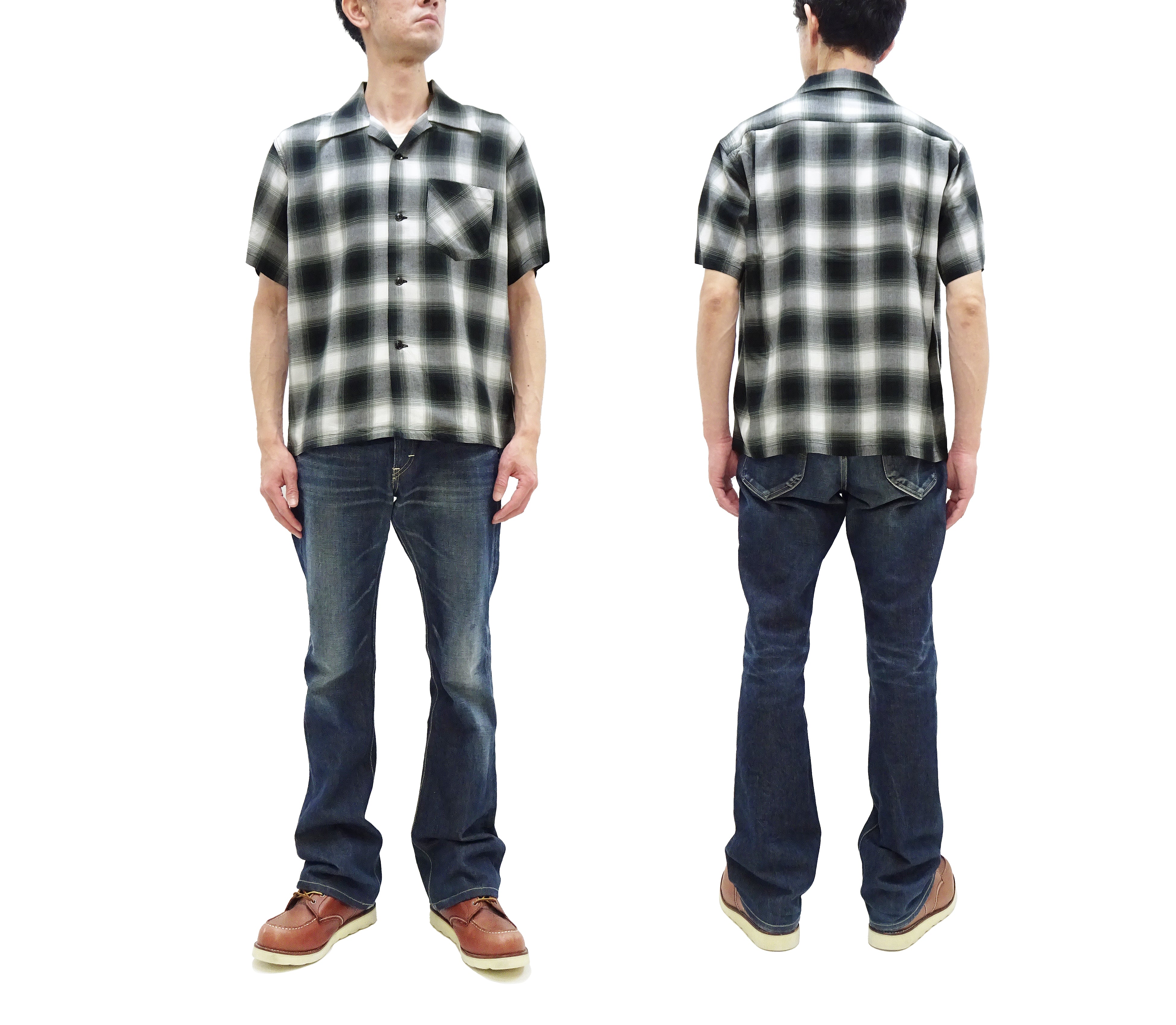 Men's Oversized Sugar Cane Rayon Ombre Plaid Shirt - Resort Collar Short Sleeve Casual Button Up Shirt SC39297 in Off White/Black - Perfect for Beach Vacation, Summer Outings and Casual Wear