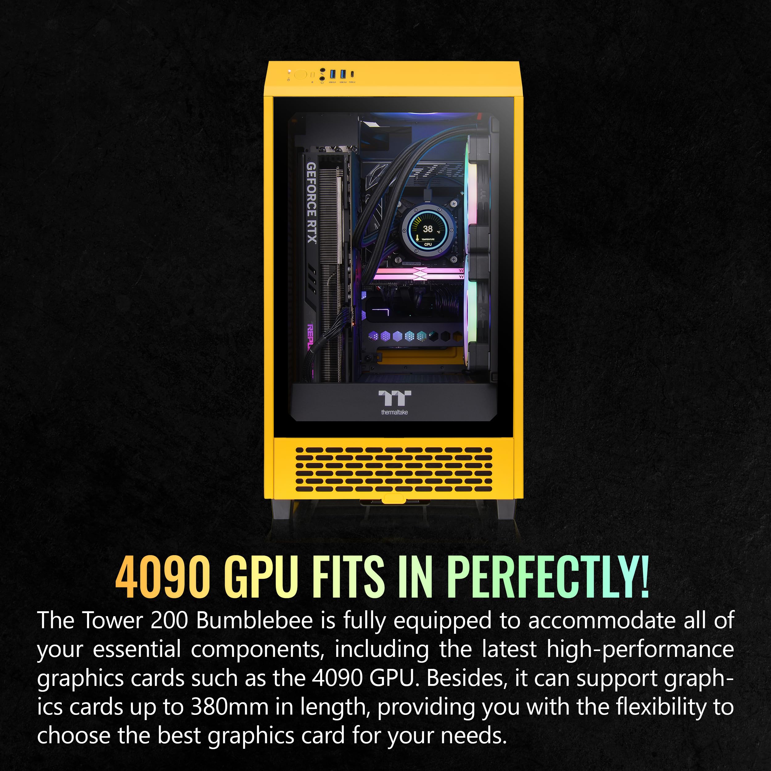 Thermaltake Tower 200 Mini-ITX PC Case - Compact Gaming Computer Case with 2x140mm Pre-Installed CT140 Fans, Supports GPU Up to 380mm (Bumblebee Yellow) - Perfect for Small Form Factor Builds, Home Office & Gaming Setups