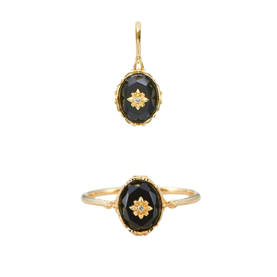 Vintage Black Agate Celestial Ring and Pendant Set - Elegant Jewelry for Women | Perfect for Gifts, Parties & Spiritual Healing | HJZB 378